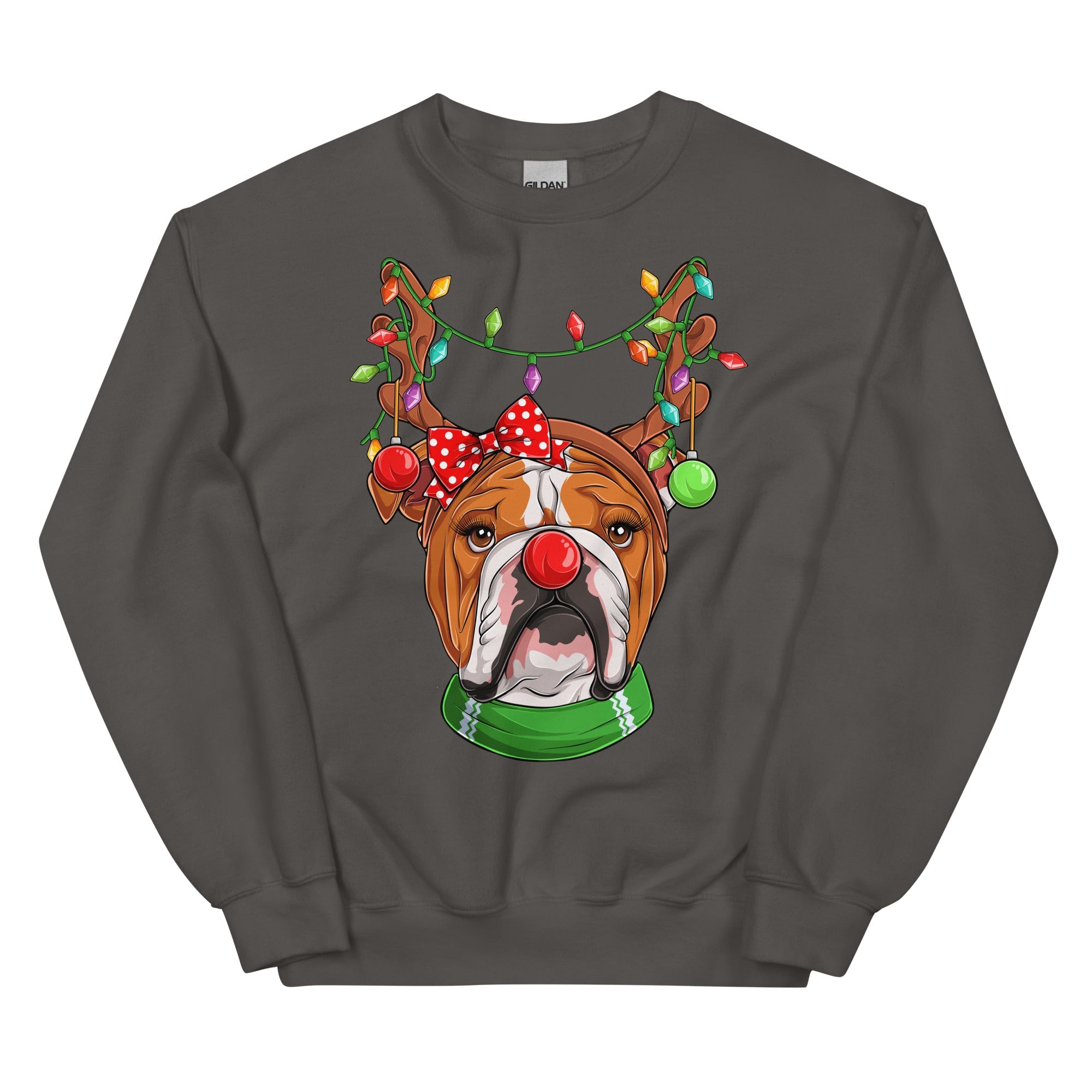 Red - Nosed Female Bulldog Christmas Crewneck | Red & White Colored