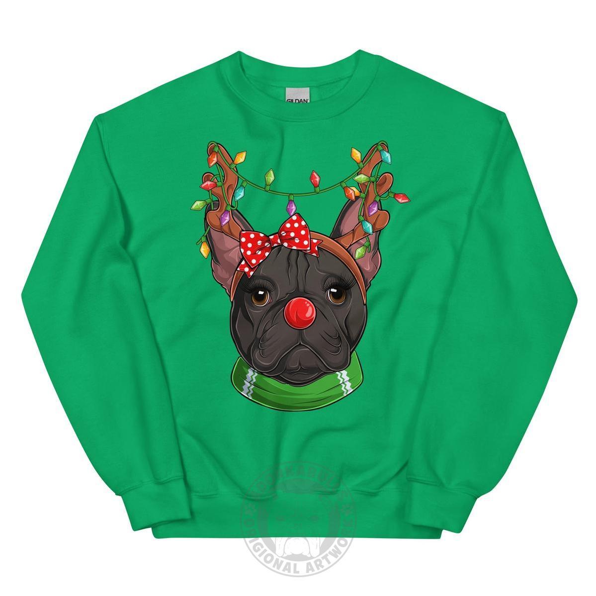 Red - Nosed Female Frenchie Christmas Crewneck | B&W Colored