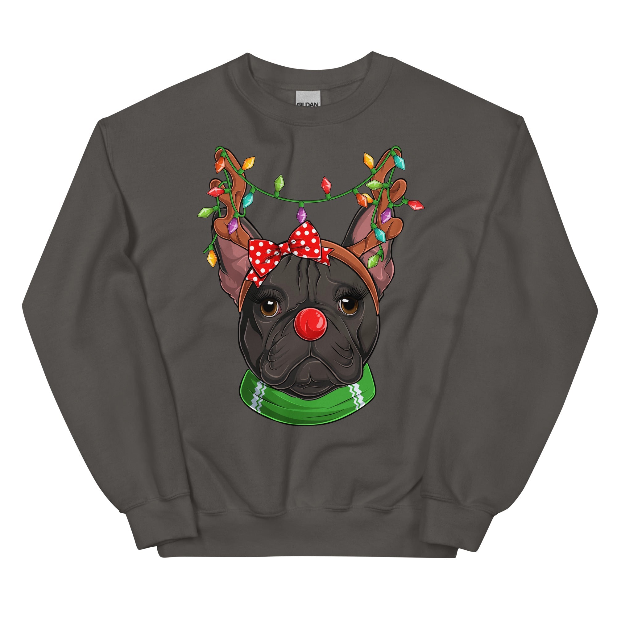 Red - Nosed Female Frenchie Christmas Crewneck | B&W Colored