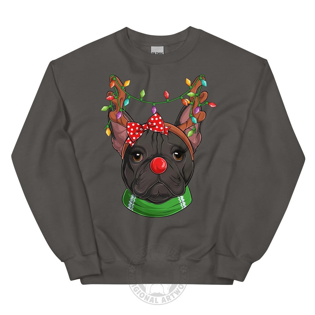 Red - Nosed Female Frenchie Christmas Crewneck | B&W Colored