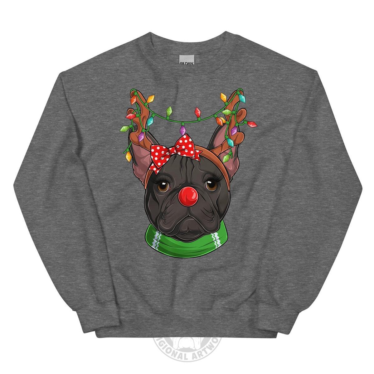 Red - Nosed Female Frenchie Christmas Crewneck | B&W Colored