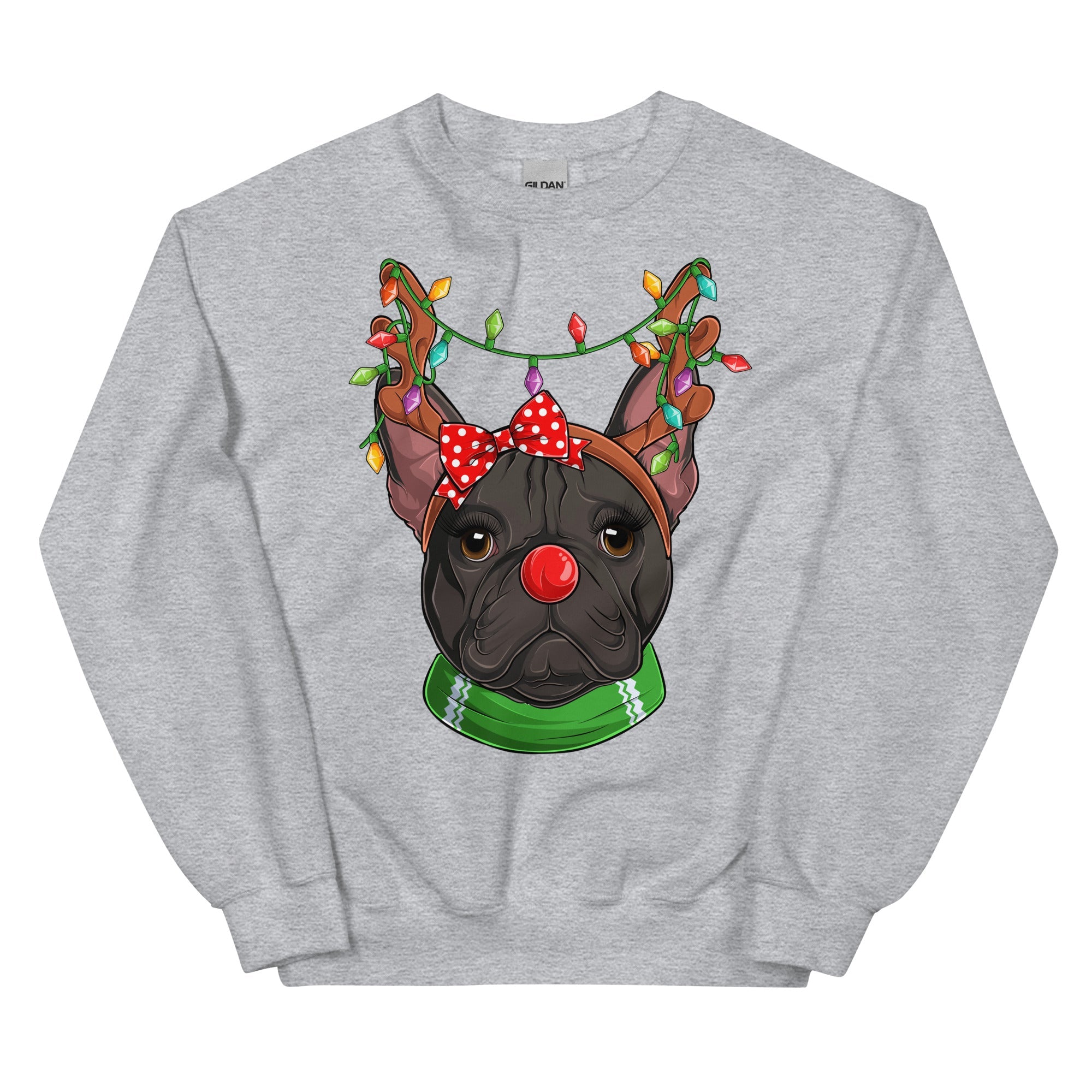 Red - Nosed Female Frenchie Christmas Crewneck | B&W Colored