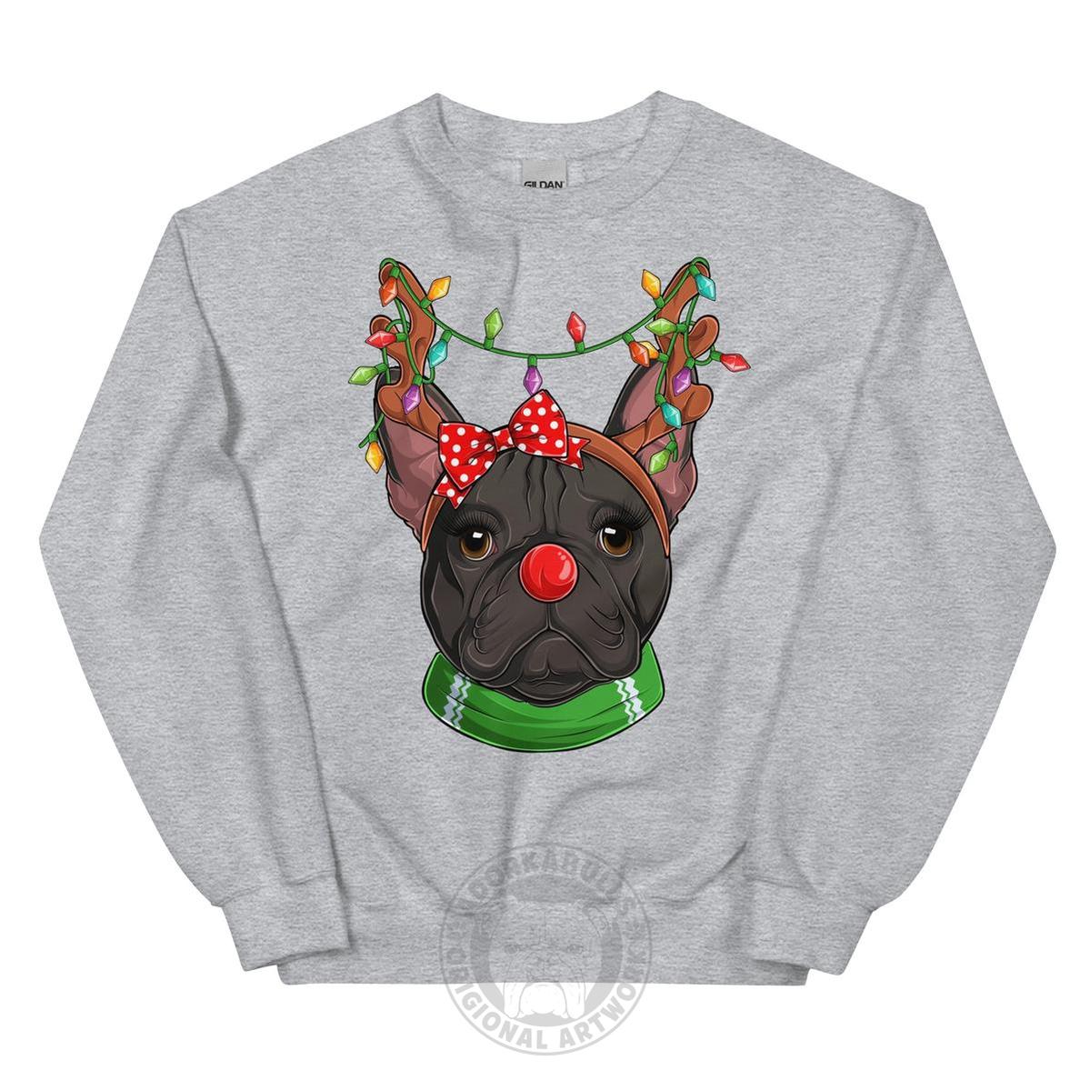 Red - Nosed Female Frenchie Christmas Crewneck | B&W Colored