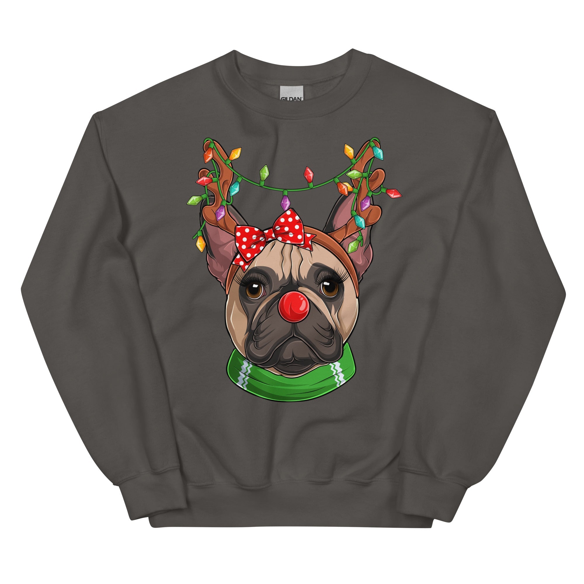 Red - Nosed Female Frenchie Christmas Crewneck | Fawn & White Colored