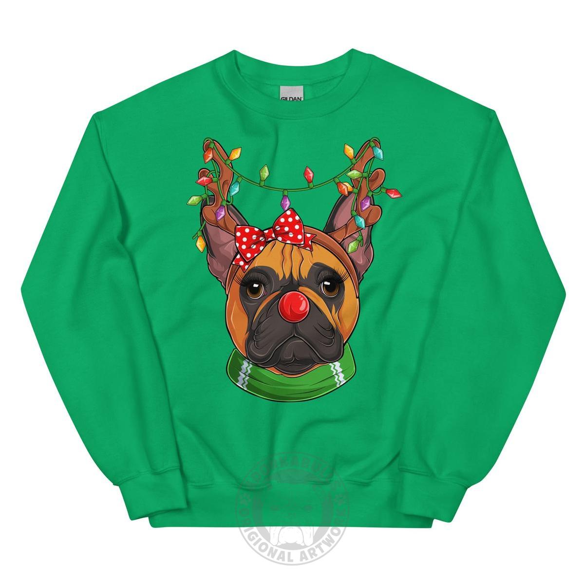 Red - Nosed Female Frenchie Christmas Crewneck | Red & White Colored