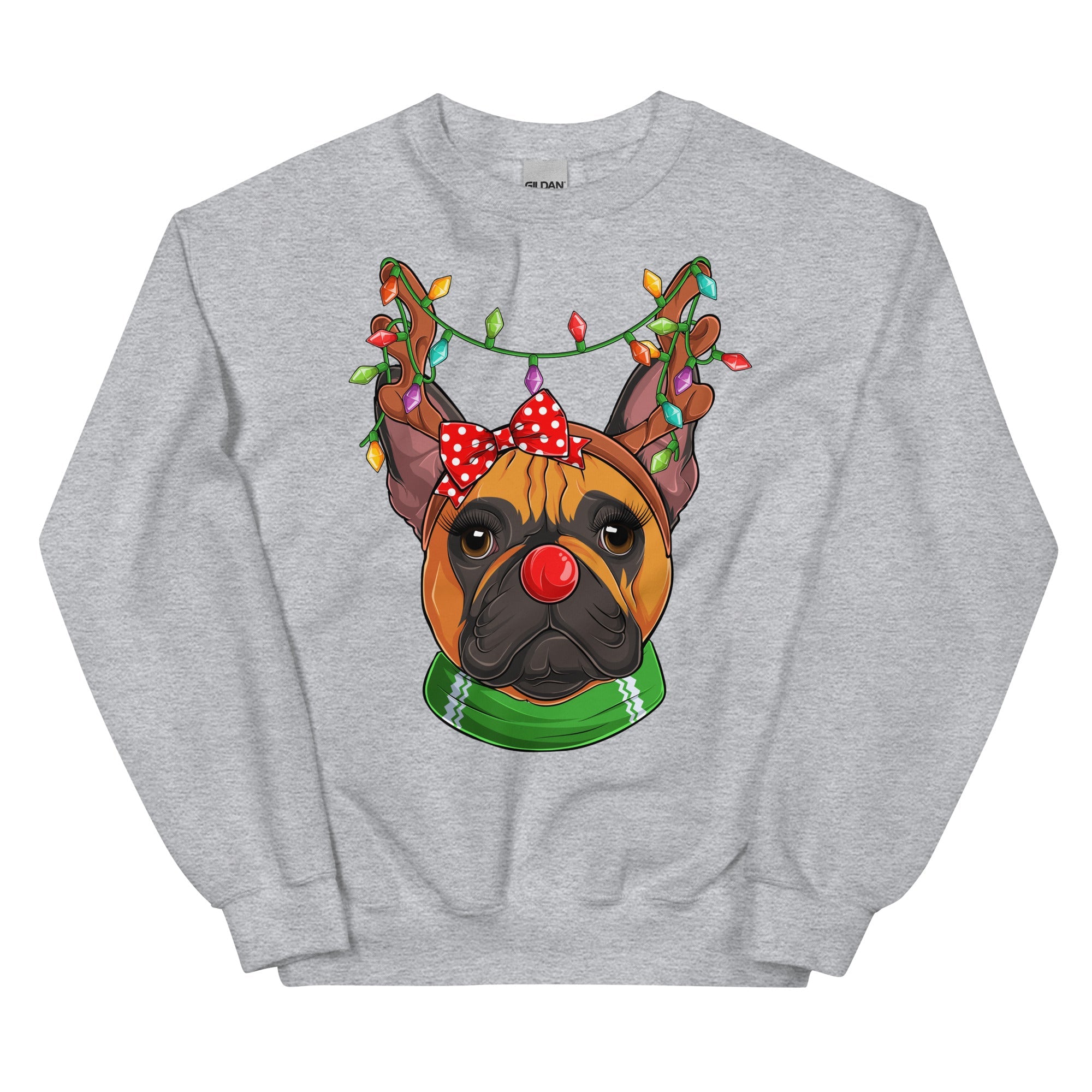 Red - Nosed Female Frenchie Christmas Crewneck | Red & White Colored