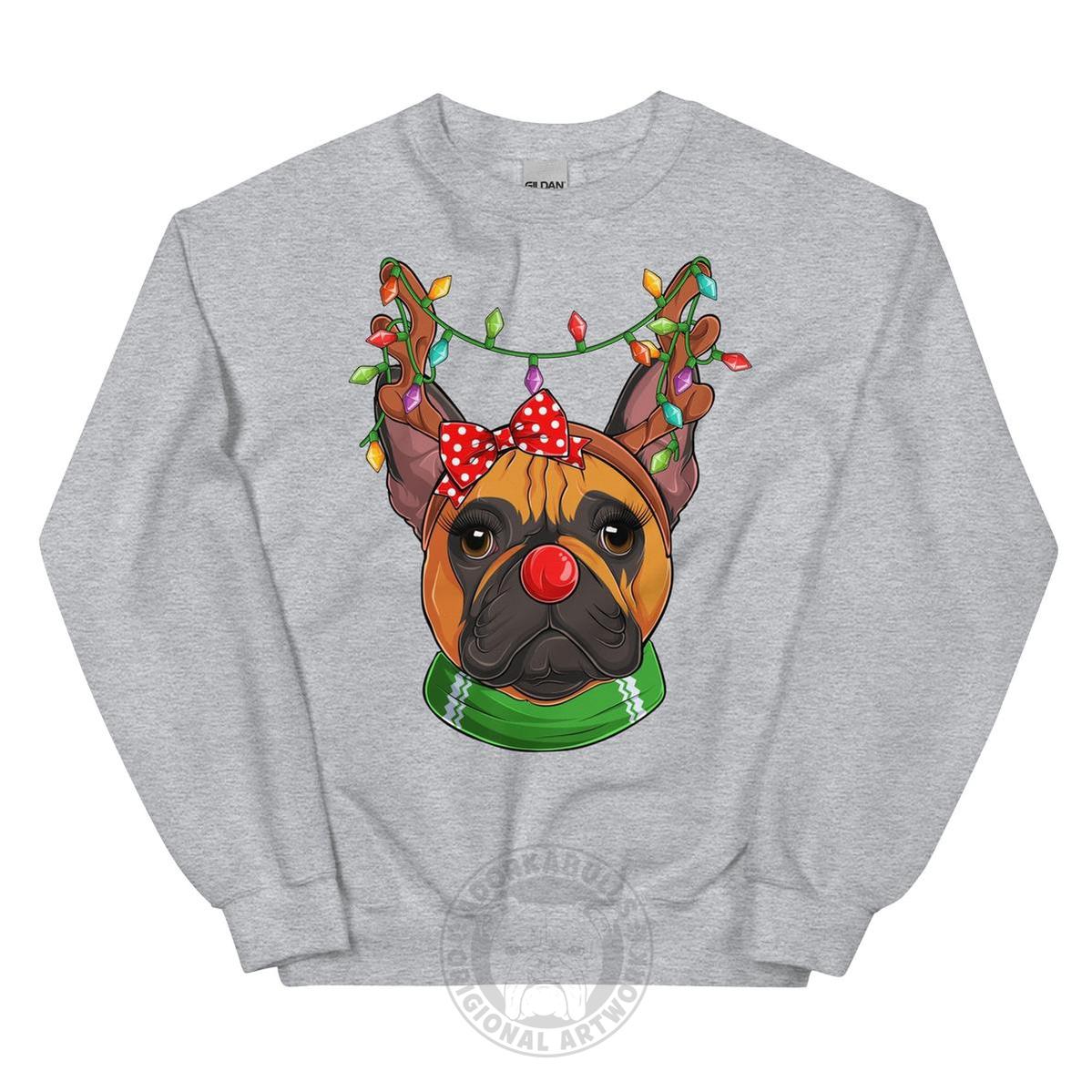 Red - Nosed Female Frenchie Christmas Crewneck | Red & White Colored