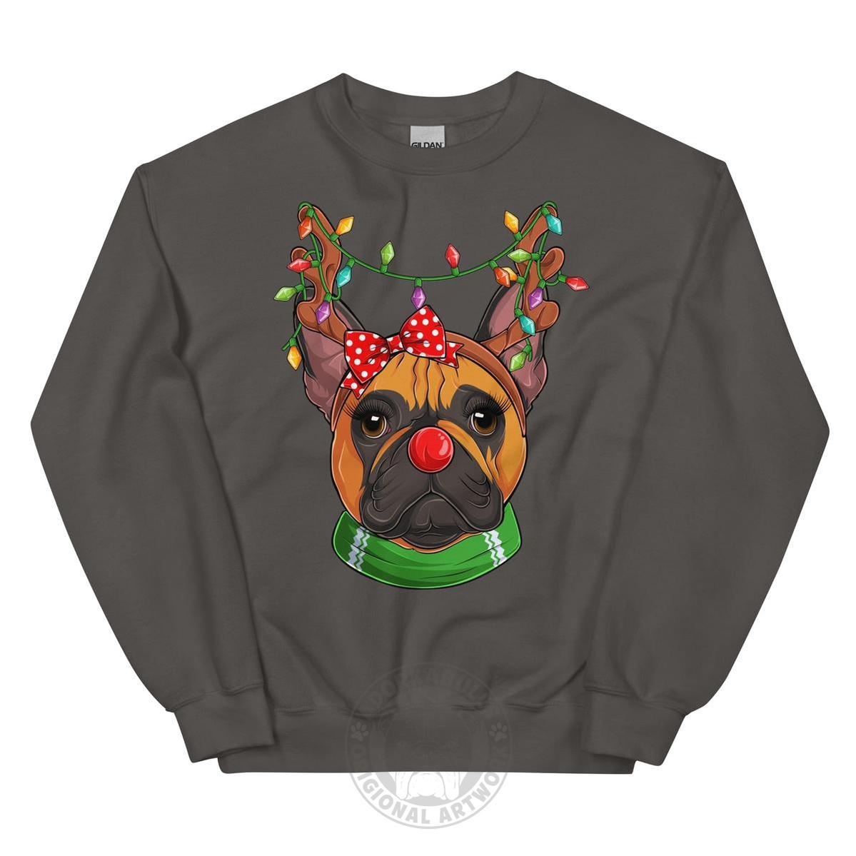 Red - Nosed Female Frenchie Christmas Crewneck | Red & White Colored