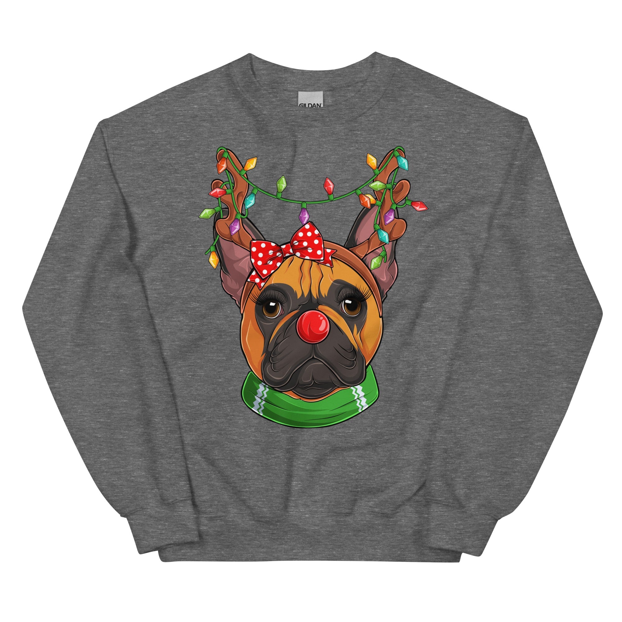 Red - Nosed Female Frenchie Christmas Crewneck | Red & White Colored