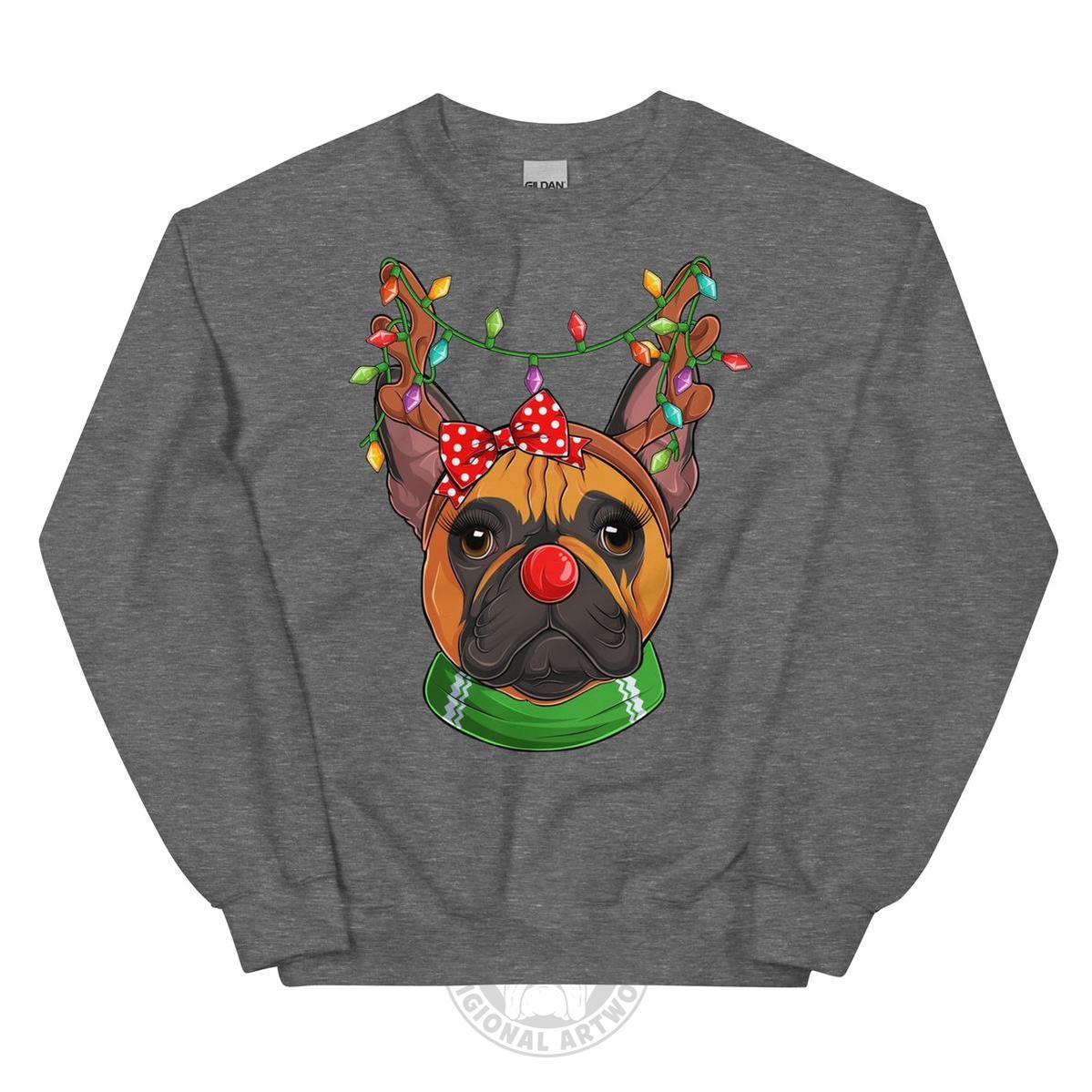 Red - Nosed Female Frenchie Christmas Crewneck | Red & White Colored