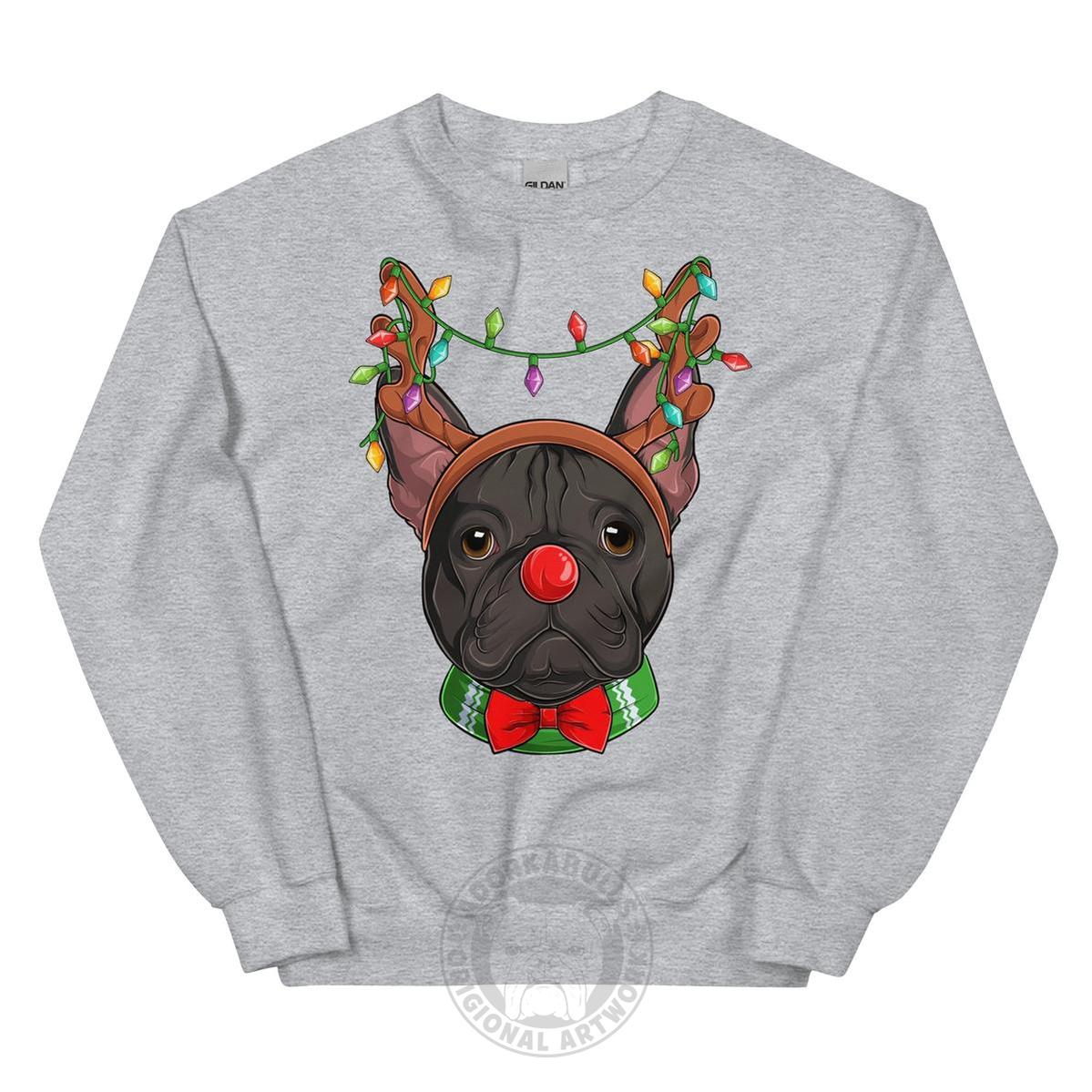 Red - Nosed Frenchie Christmas Crewneck | B&W Colored