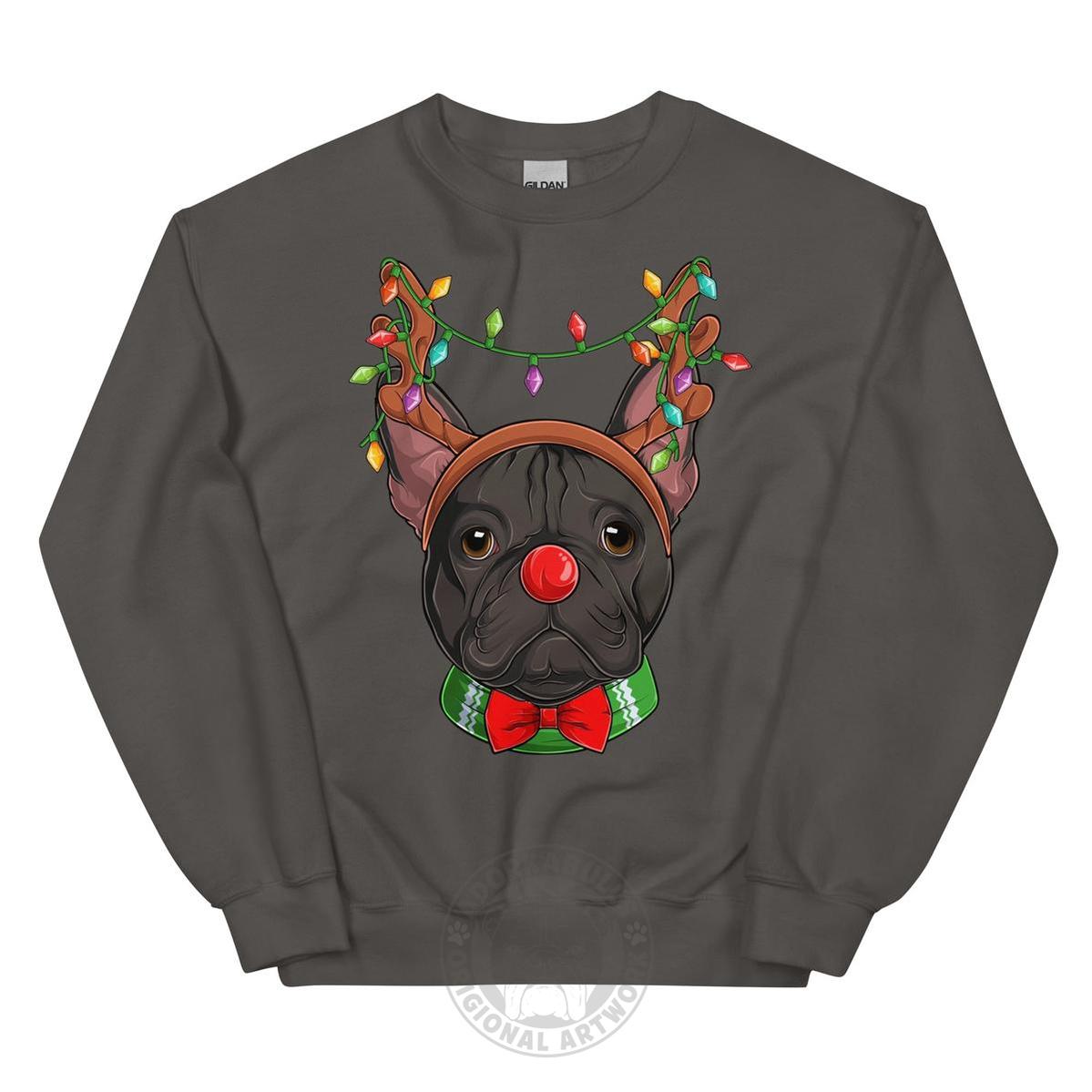 Red - Nosed Frenchie Christmas Crewneck | B&W Colored