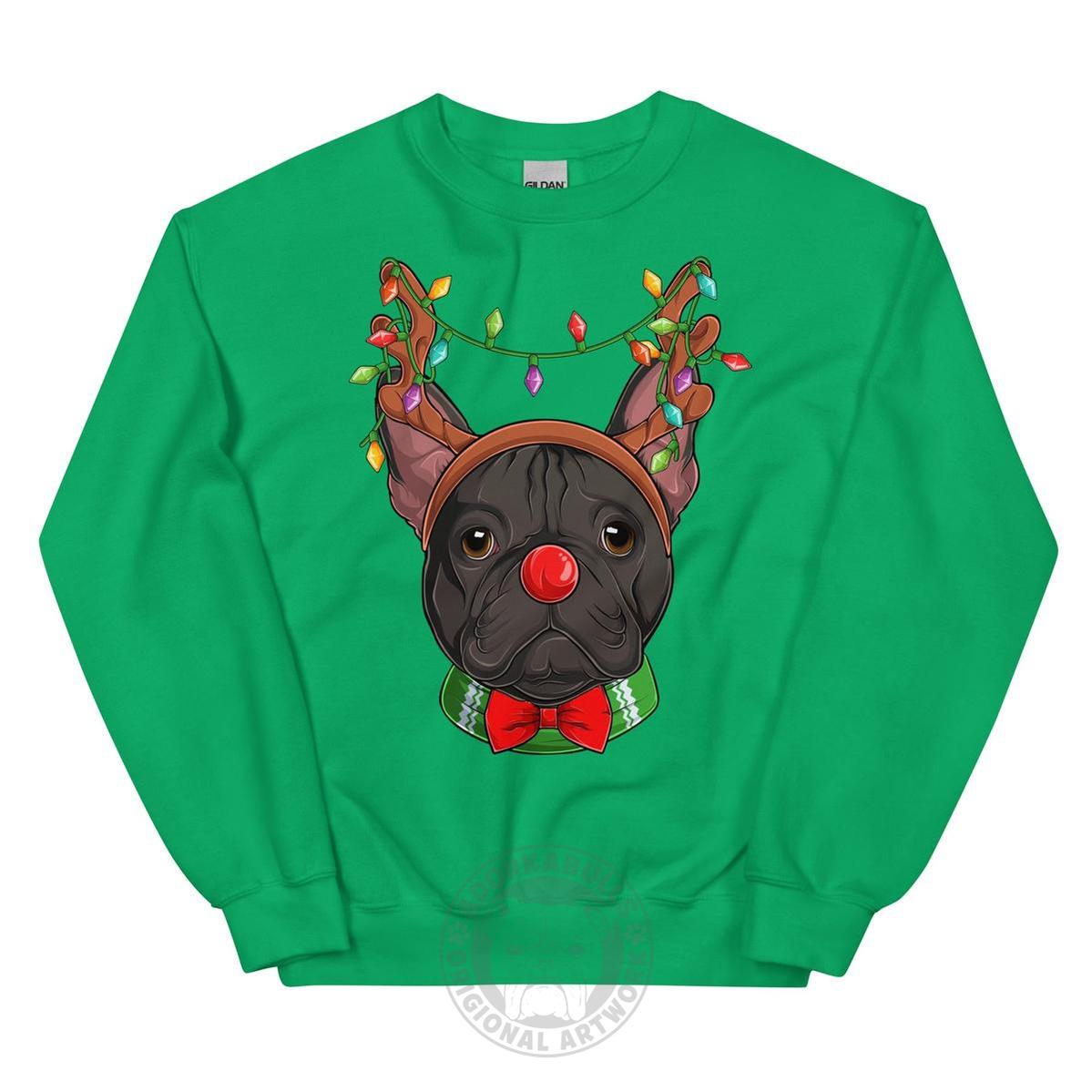 Red - Nosed Frenchie Christmas Crewneck | B&W Colored