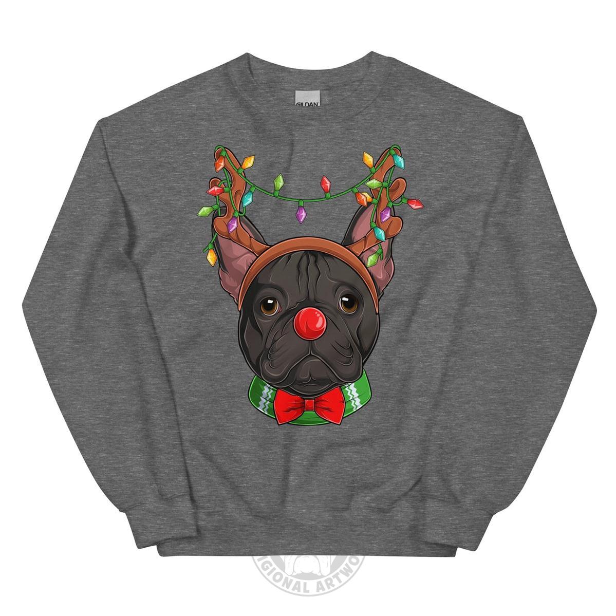 Red - Nosed Frenchie Christmas Crewneck | B&W Colored