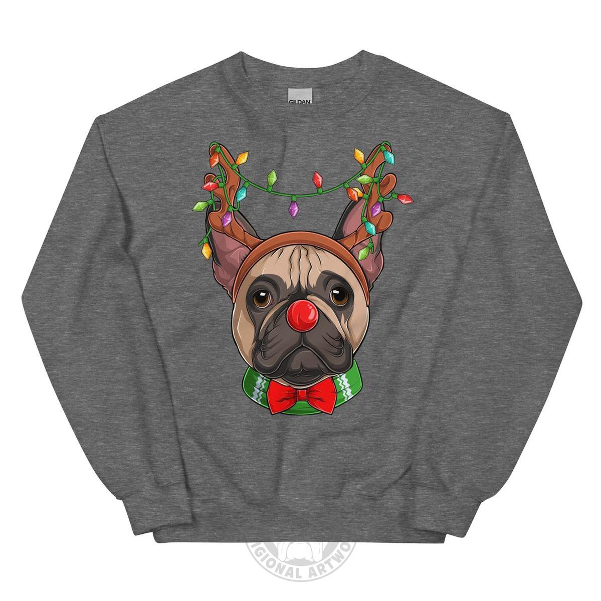 Red - Nosed Frenchie Christmas Crewneck | Fawn & White Colored
