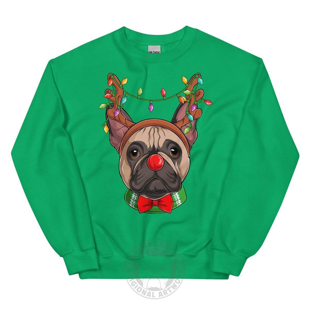 Red - Nosed Frenchie Christmas Crewneck | Fawn & White Colored