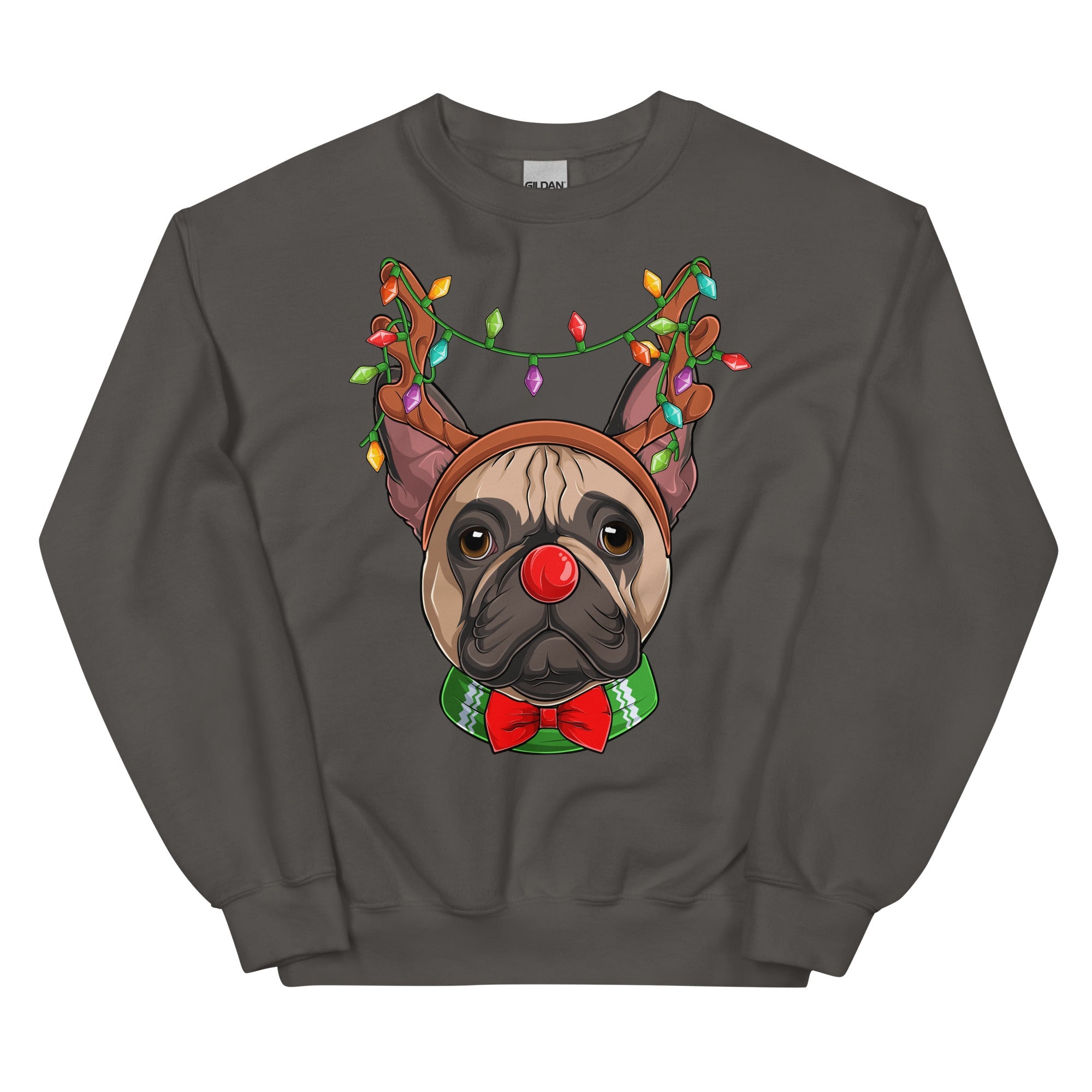 Red - Nosed Frenchie Christmas Crewneck | Fawn & White Colored