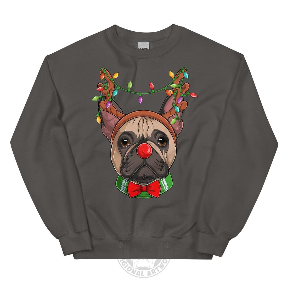 Red - Nosed Frenchie Christmas Crewneck | Fawn & White Colored