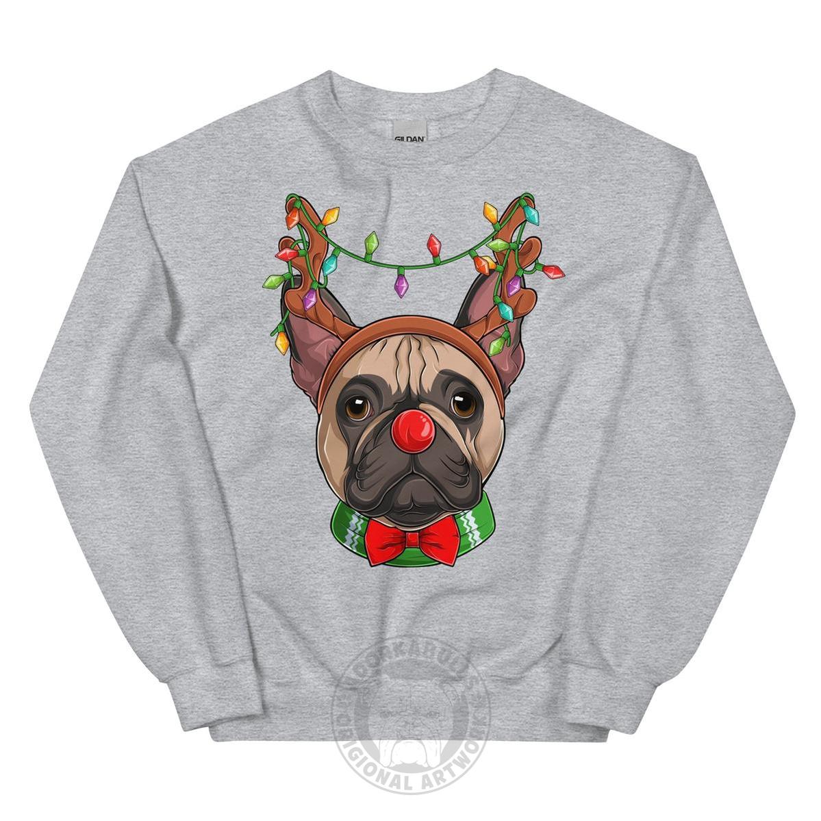 Red - Nosed Frenchie Christmas Crewneck | Fawn & White Colored
