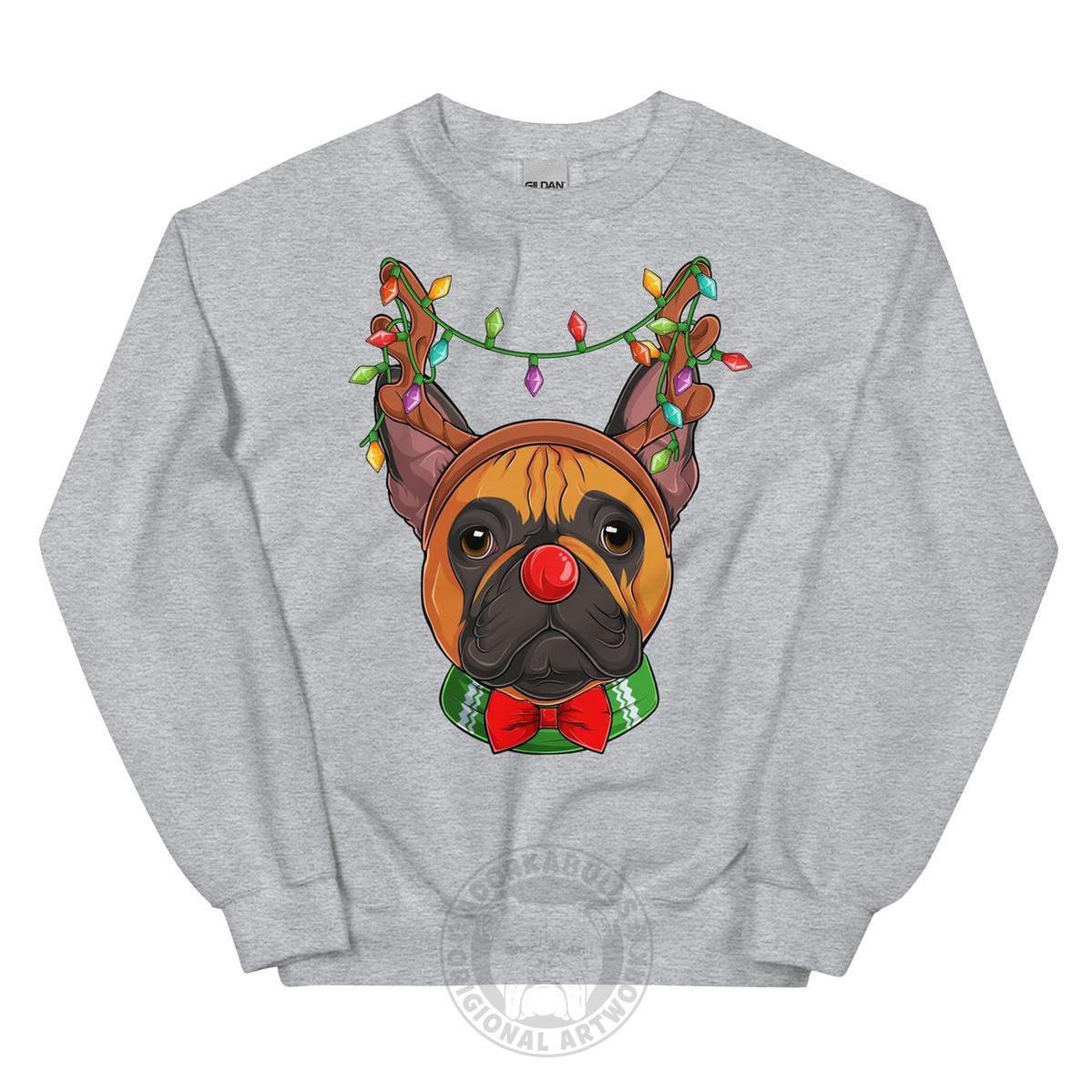 Red - Nosed Frenchie Christmas Crewneck | Red & White Colored