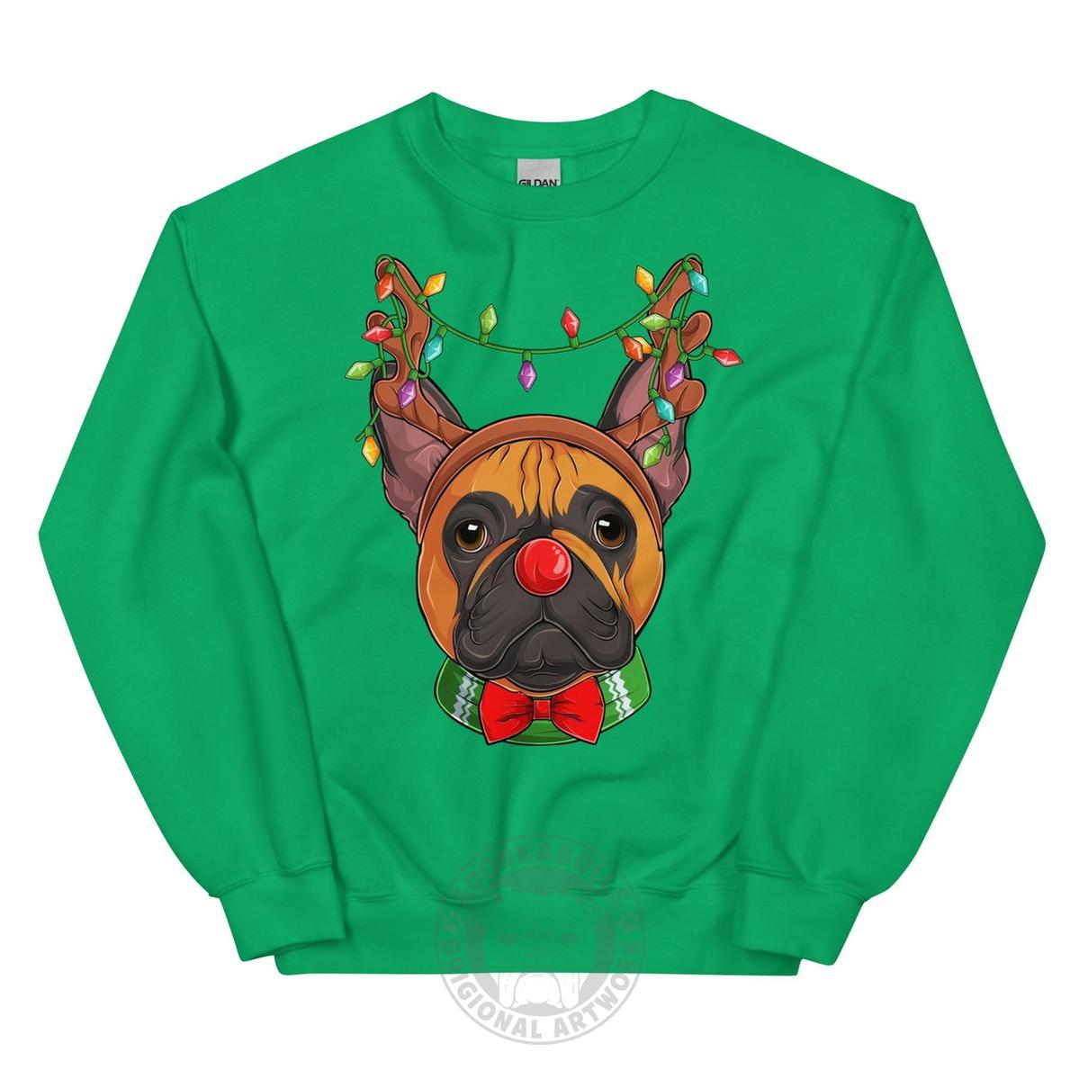Red - Nosed Frenchie Christmas Crewneck | Red & White Colored