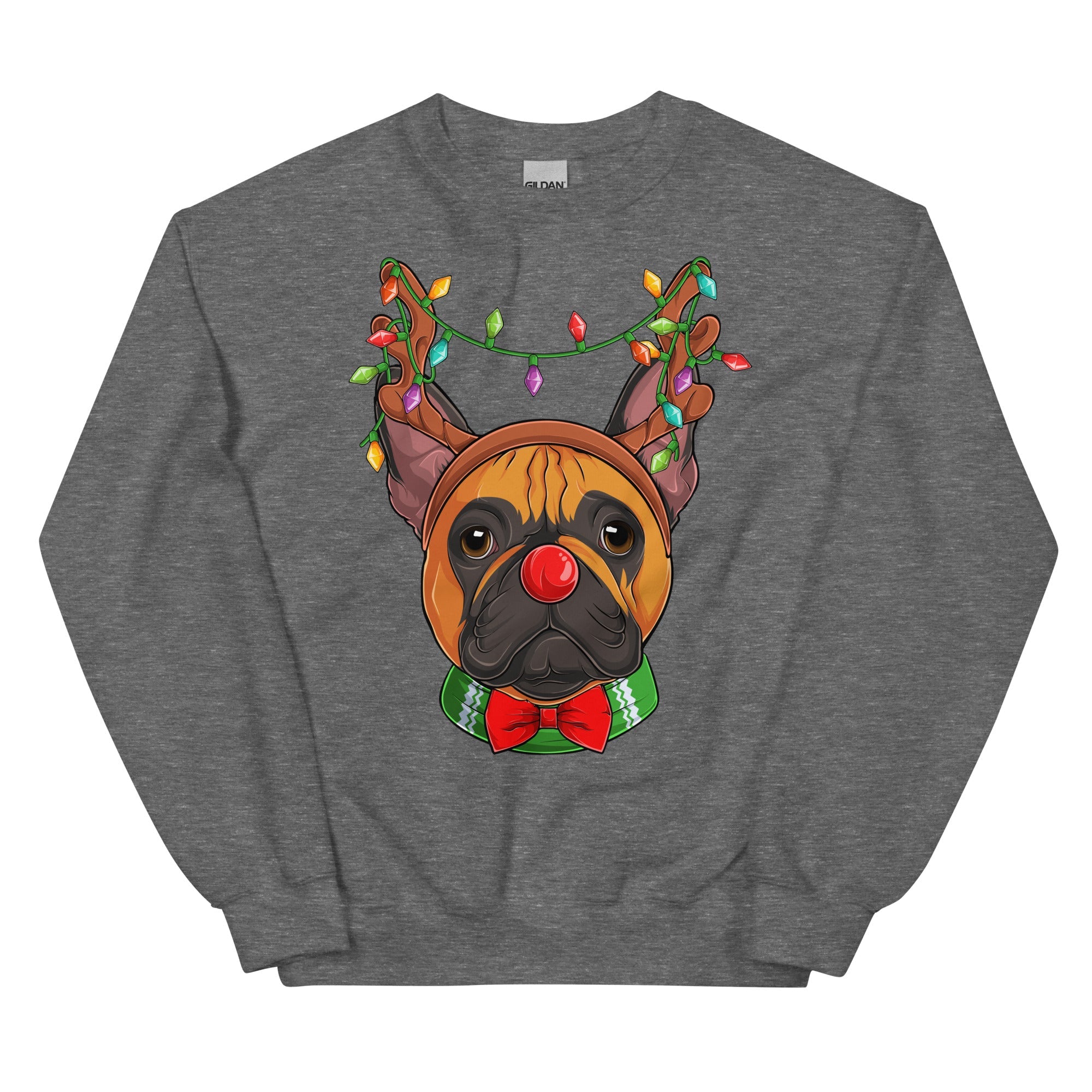 Red - Nosed Frenchie Christmas Crewneck | Red & White Colored
