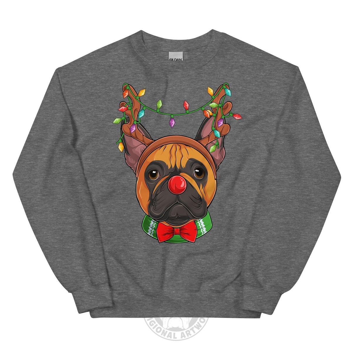 Red - Nosed Frenchie Christmas Crewneck | Red & White Colored