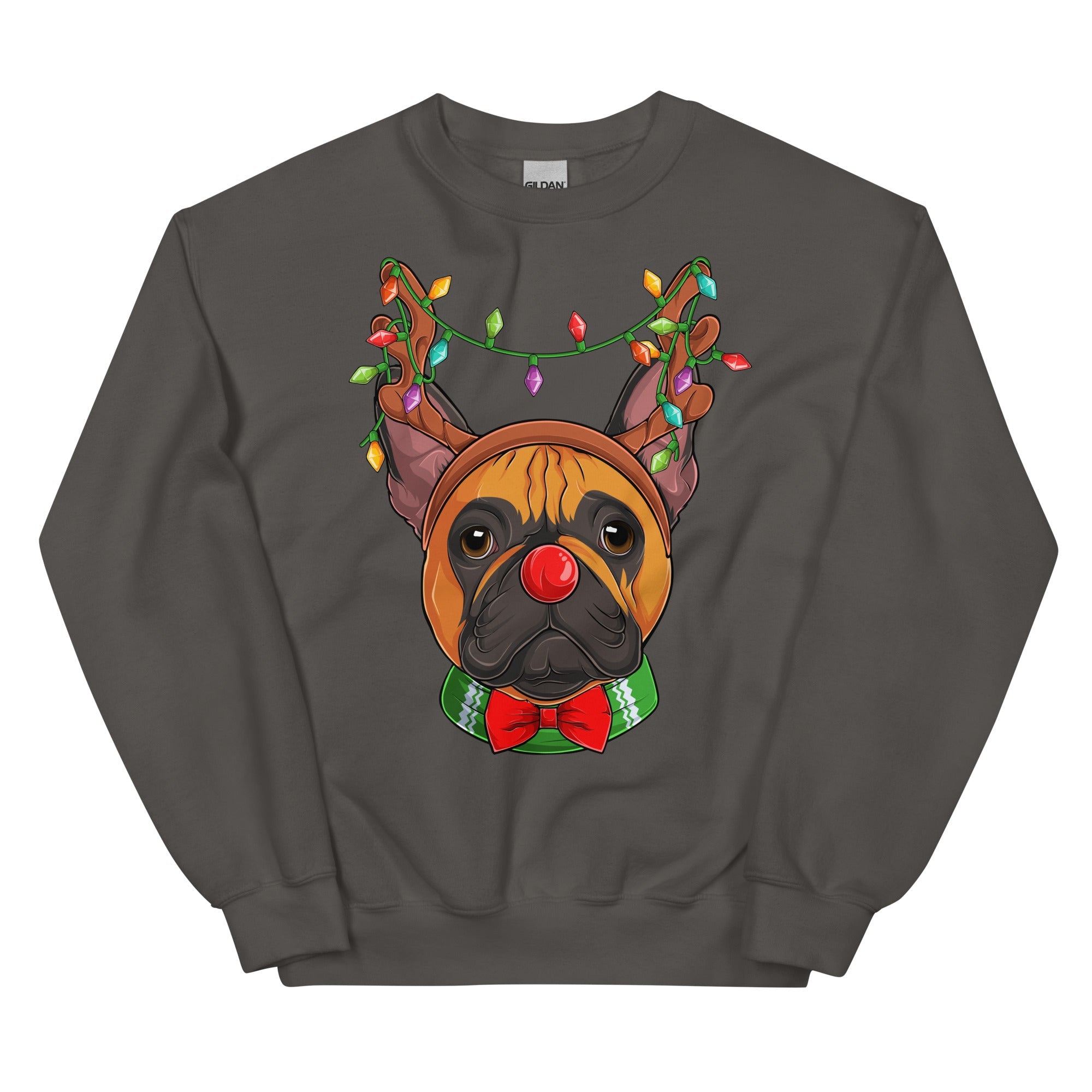 Red - Nosed Frenchie Christmas Crewneck | Red & White Colored