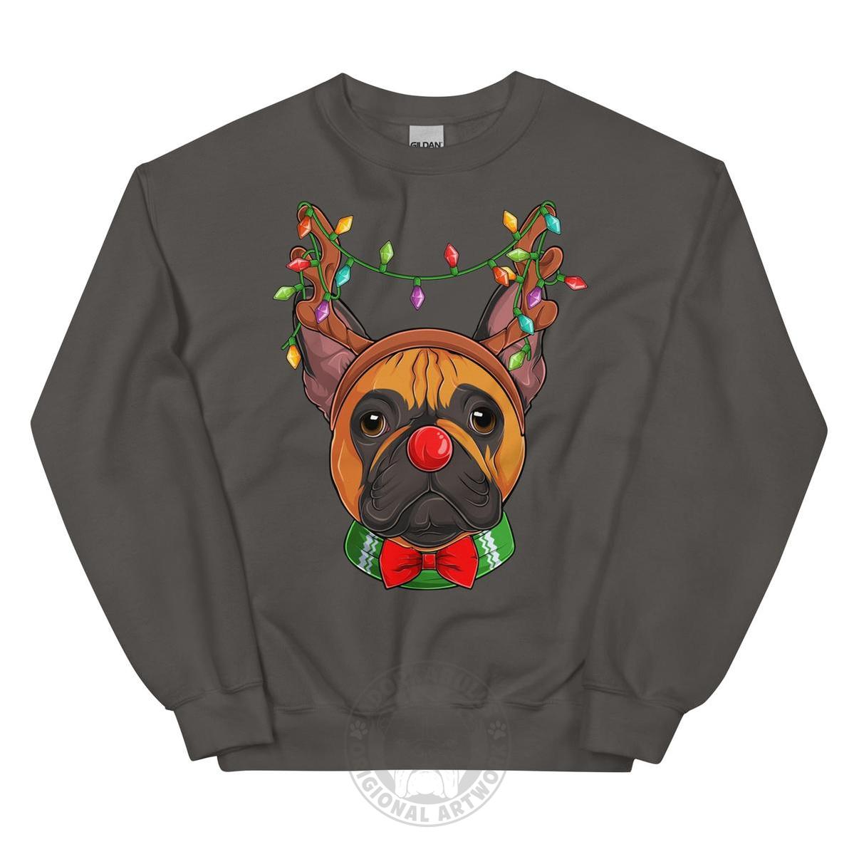 Red - Nosed Frenchie Christmas Crewneck | Red & White Colored