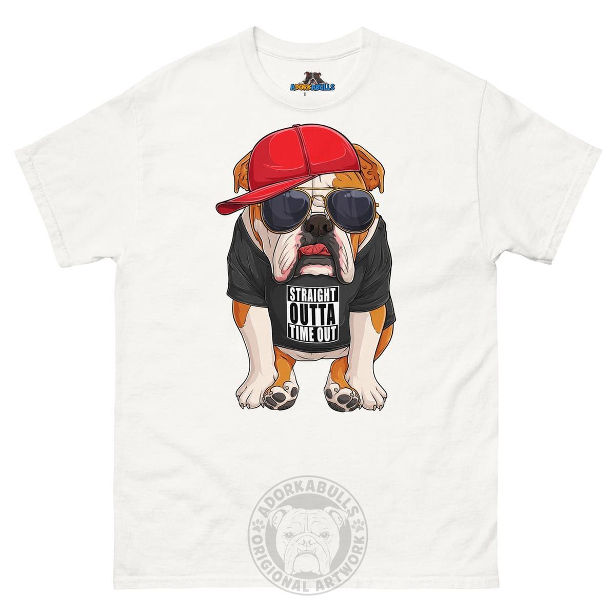 "Straight Outta Time Out" Male Bulldog Men’s Tee | Red & White Colored