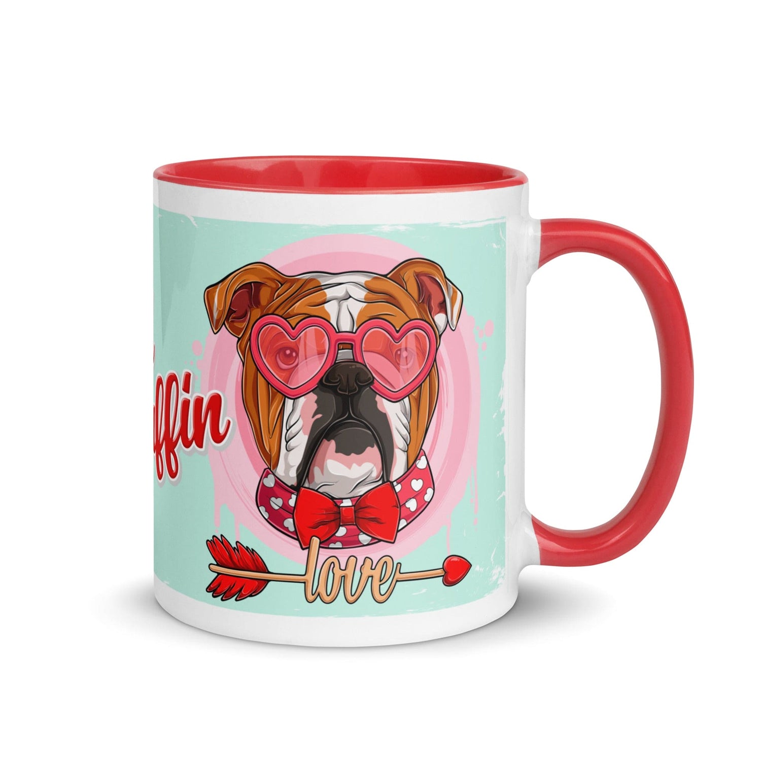 "Stud Muffin" with Arrow of Love English Bulldog Mug | Red & White Colored Male