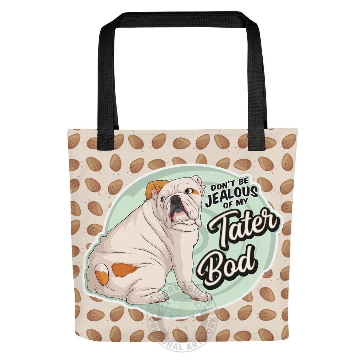 "Tater Bod" English Bulldog Tote Bag | White & Red Colored