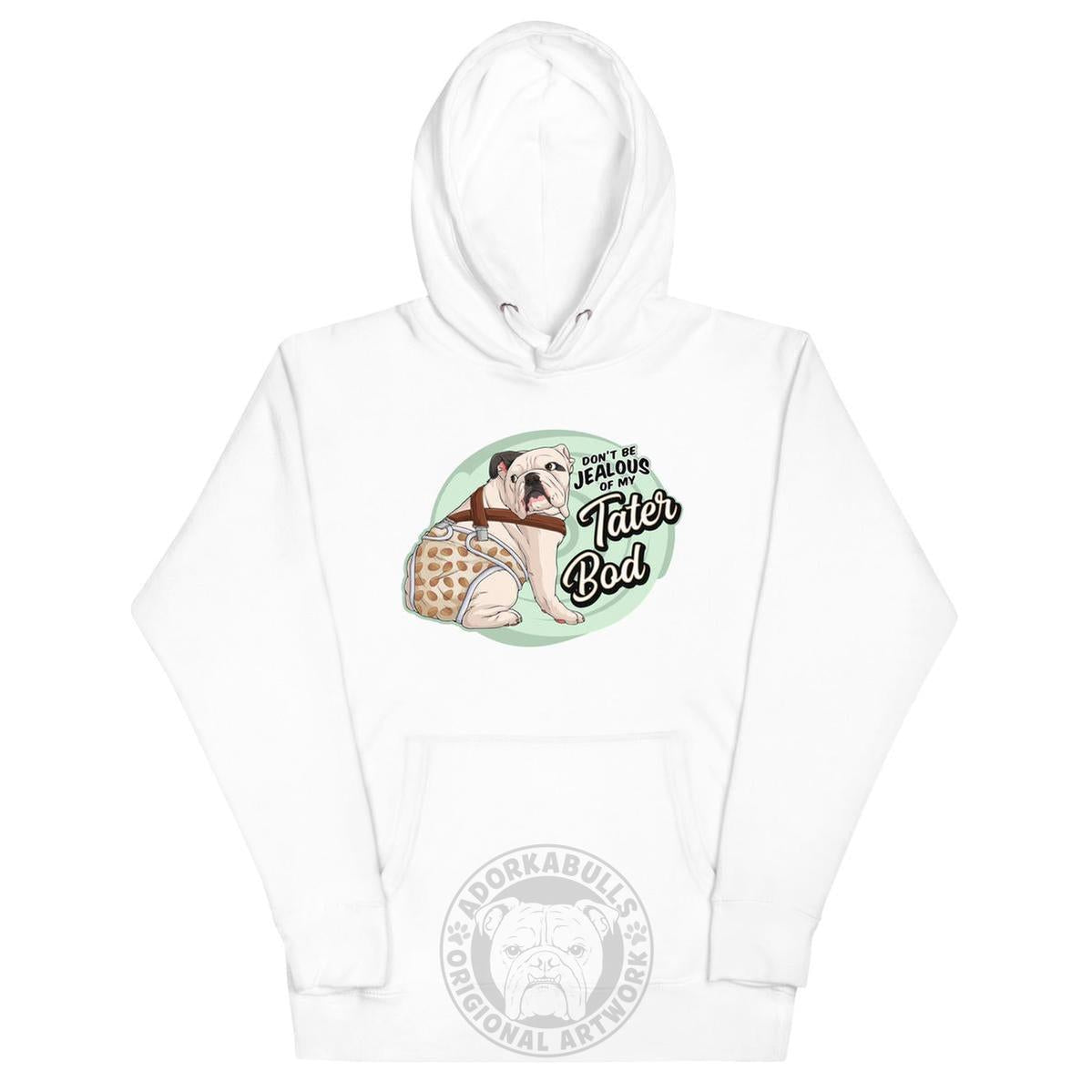 "Tater Bod" English Bulldog Unisex Hoodie | White & Black Colored with Spina Bifida