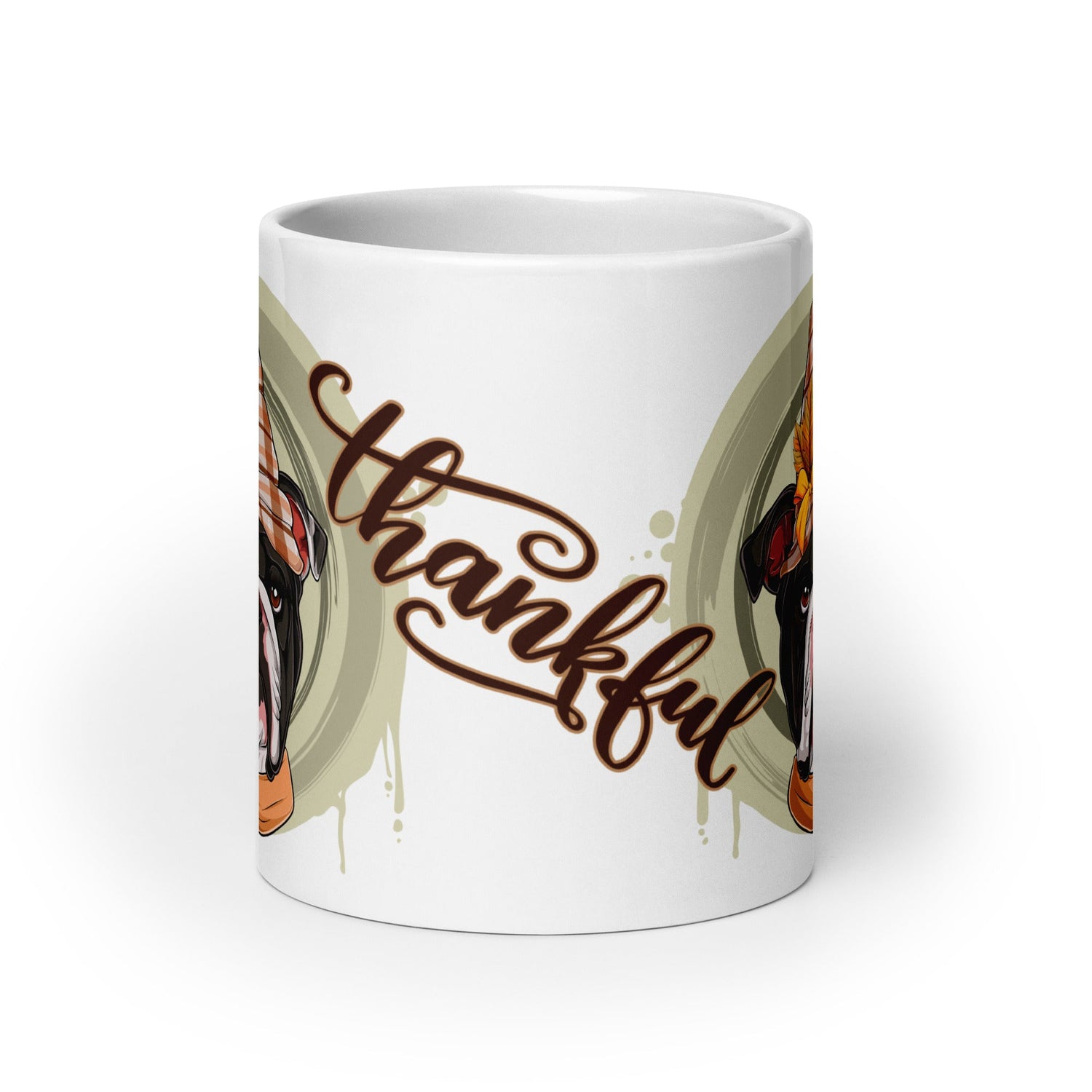 "Thankful" Female English Bulldog Thanksgiving Mug | B&W Colored