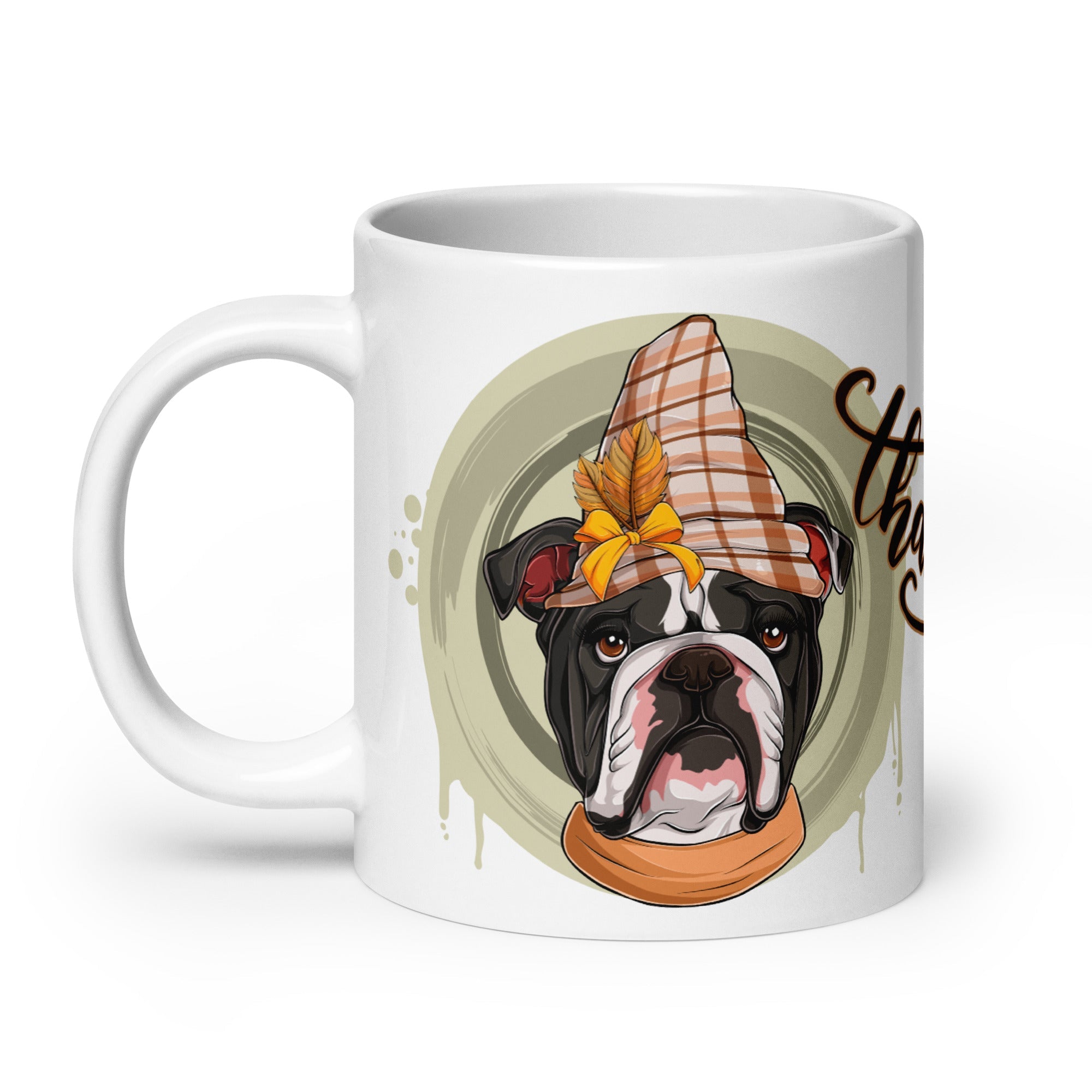 "Thankful" Female English Bulldog Thanksgiving Mug | B&W Colored