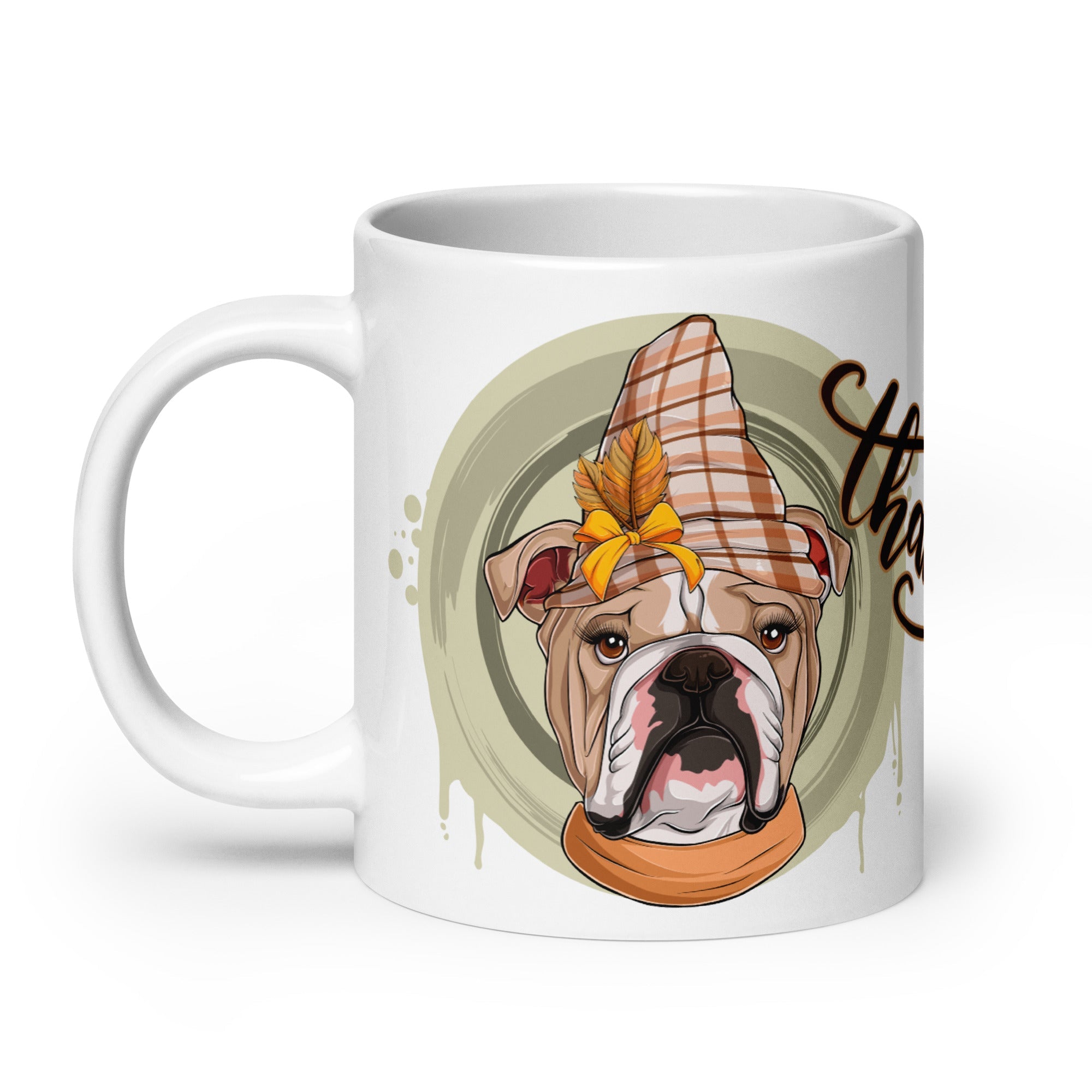 "Thankful" Female English Bulldog Thanksgiving Mug | Fawn & White Colored