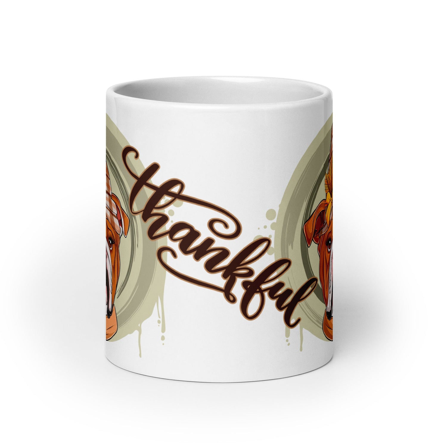 "Thankful" Female English Bulldog Thanksgiving Mug | Red & White Colored