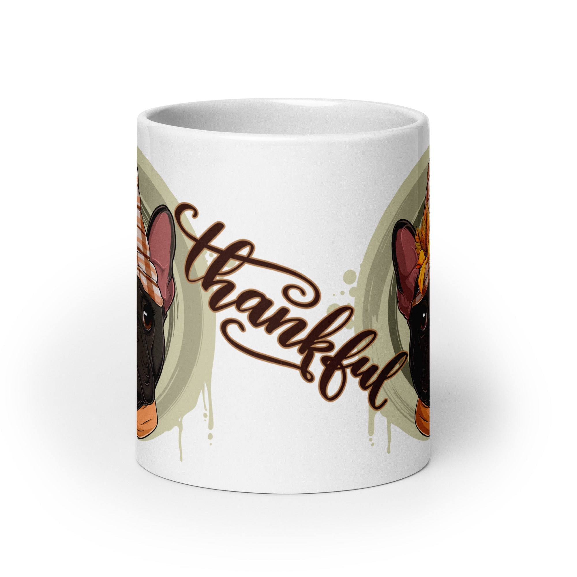 "Thankful" Female French Bulldog Thanksgiving Mug | B&W Colored