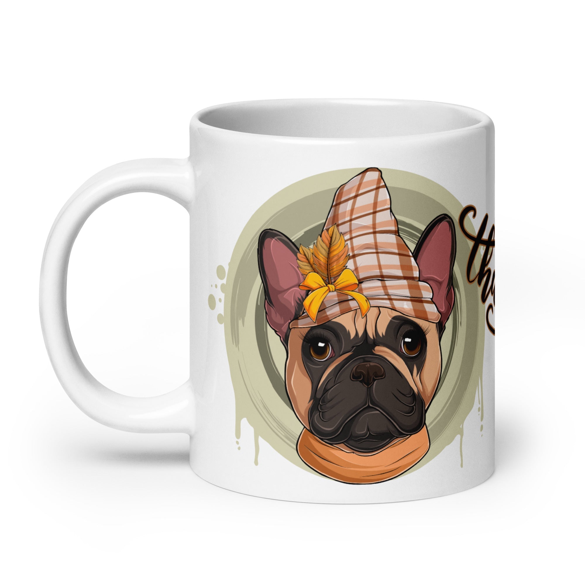 "Thankful" Female French Bulldog Thanksgiving Mug | Fawn & White Colored