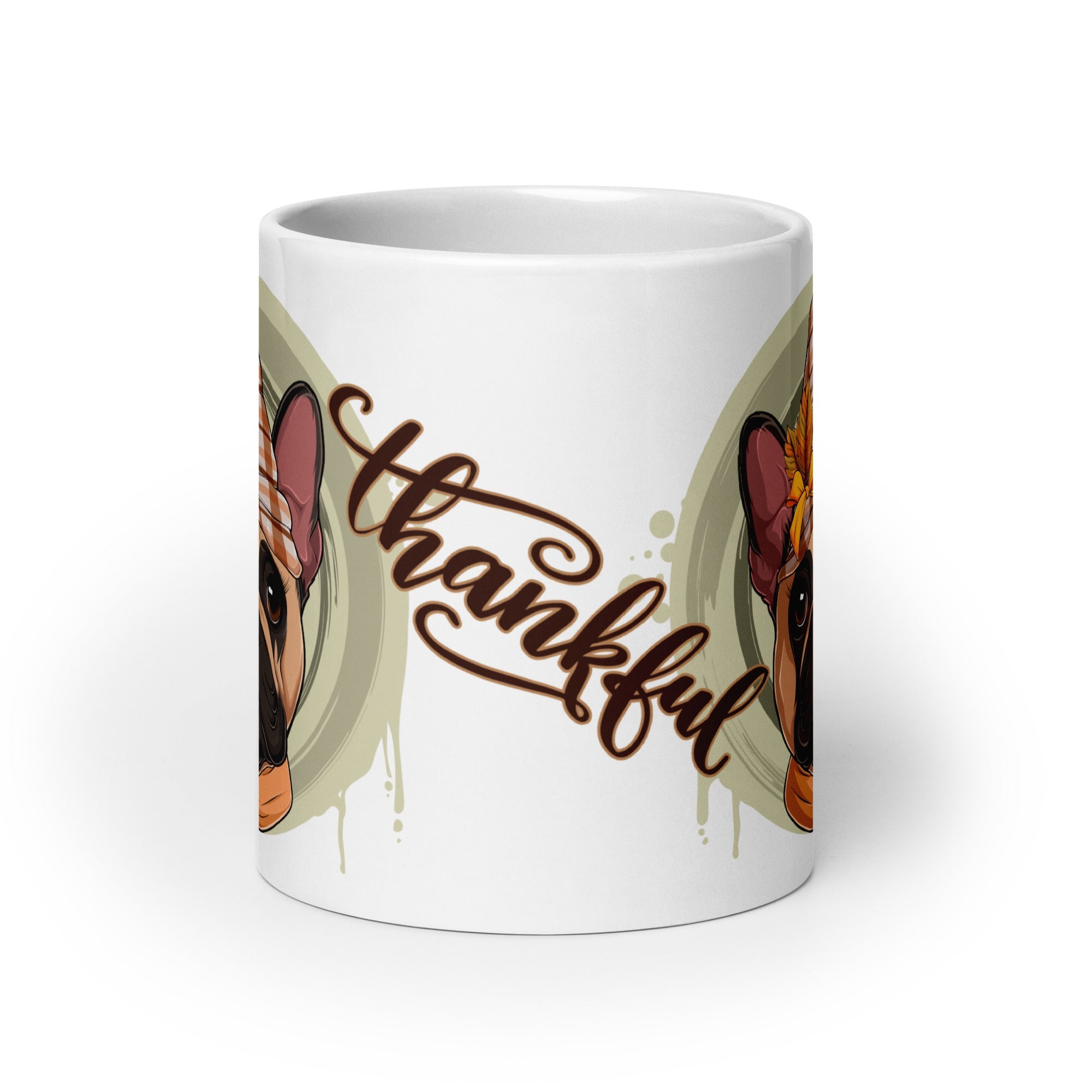 "Thankful" Female French Bulldog Thanksgiving Mug | Fawn & White Colored