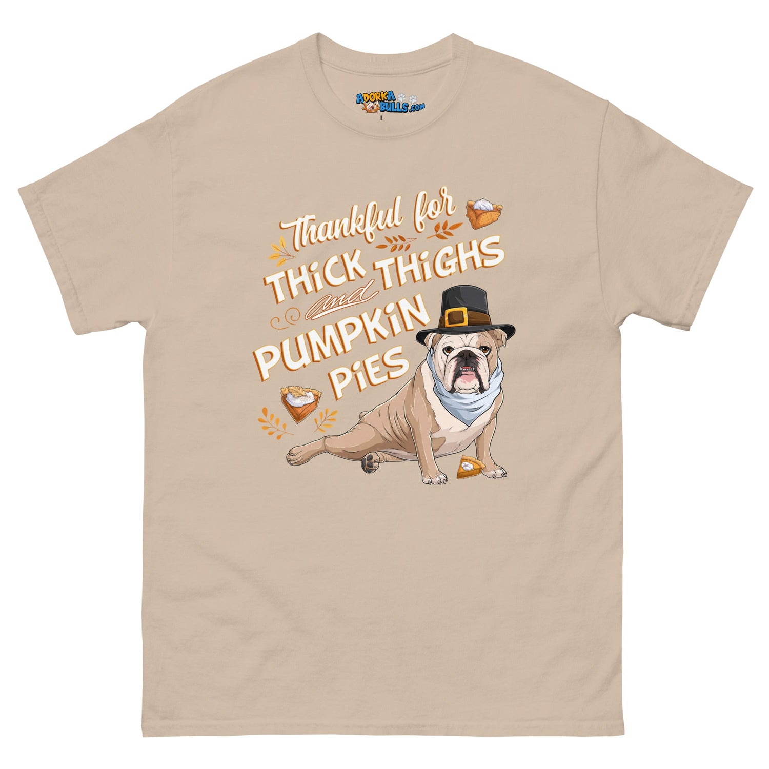 "Thankful for Thick Thighs & Pumpkin Pies" Unisex Tee | Fawn & White Colored