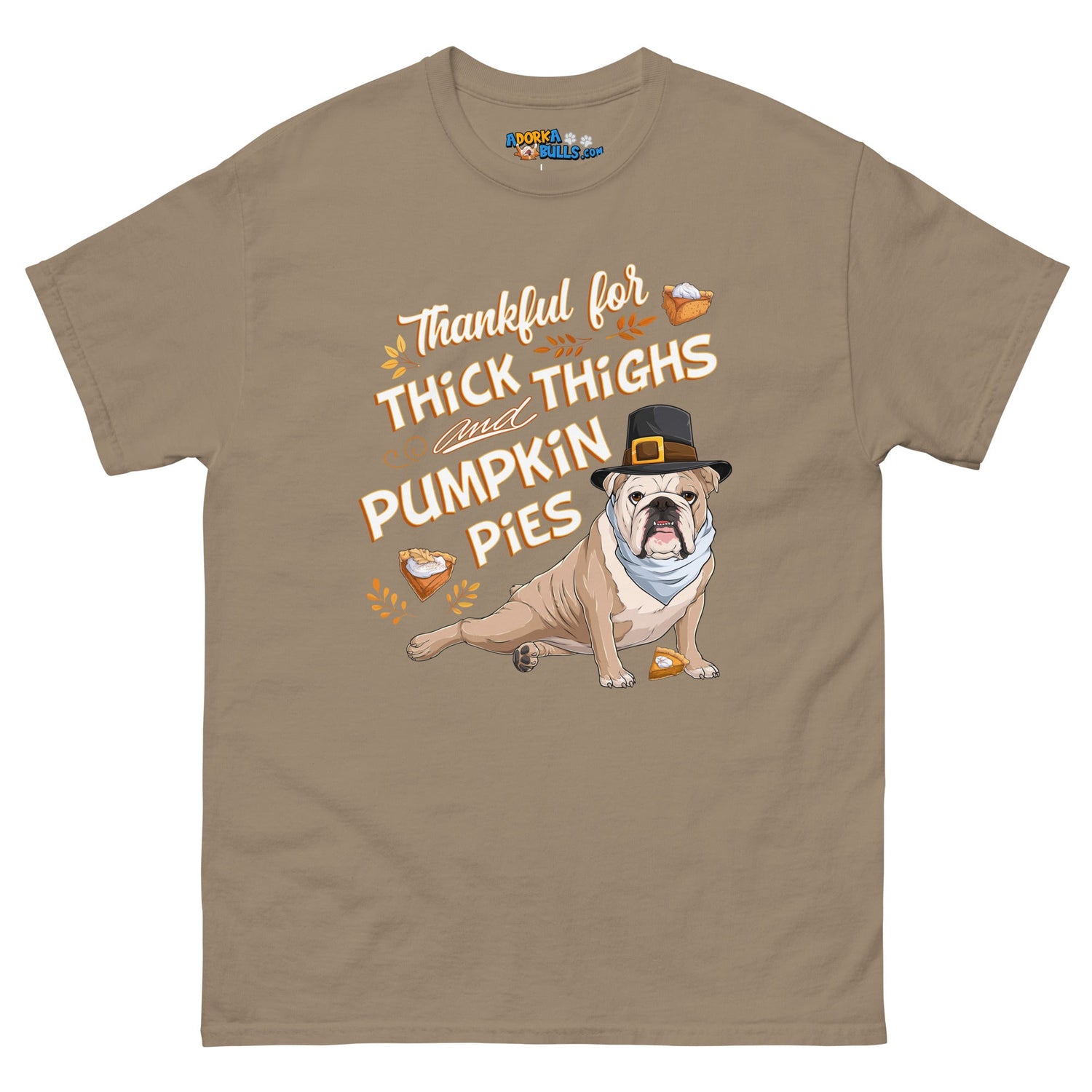 "Thankful for Thick Thighs & Pumpkin Pies" Unisex Tee | Fawn & White Colored