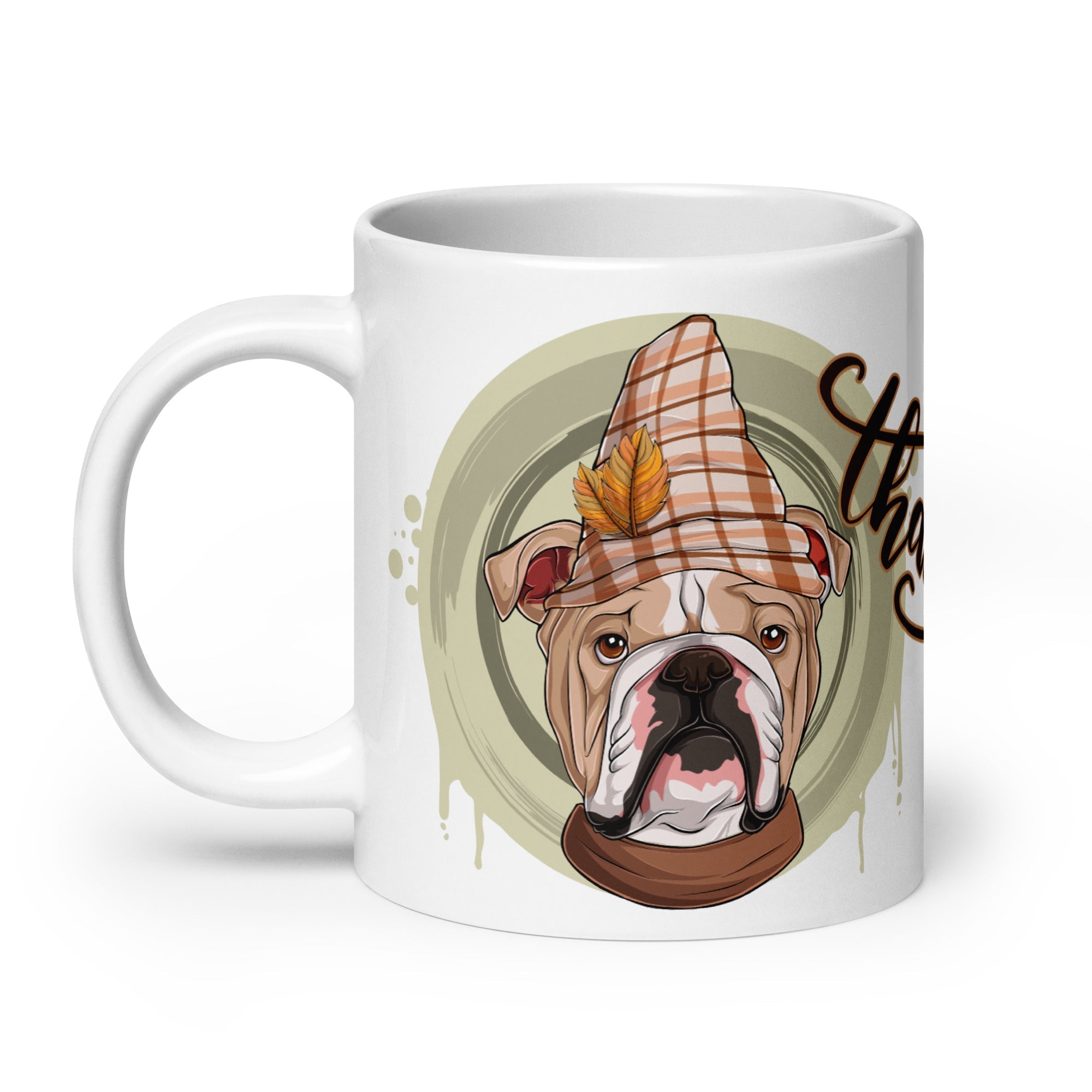 "Thankful" Male English Bulldog Thanksgiving Mug | Fawn & White Colored