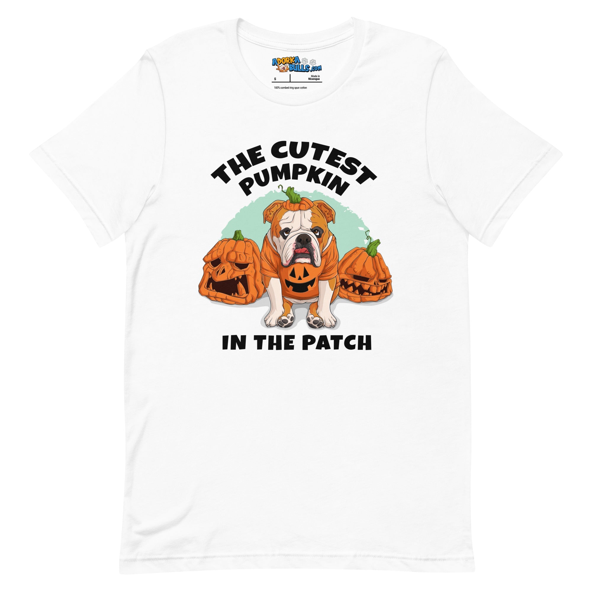 "The Cutest Pumpkin in the Patch" Bulldog Unisex T-Shirt | Red & White Colored