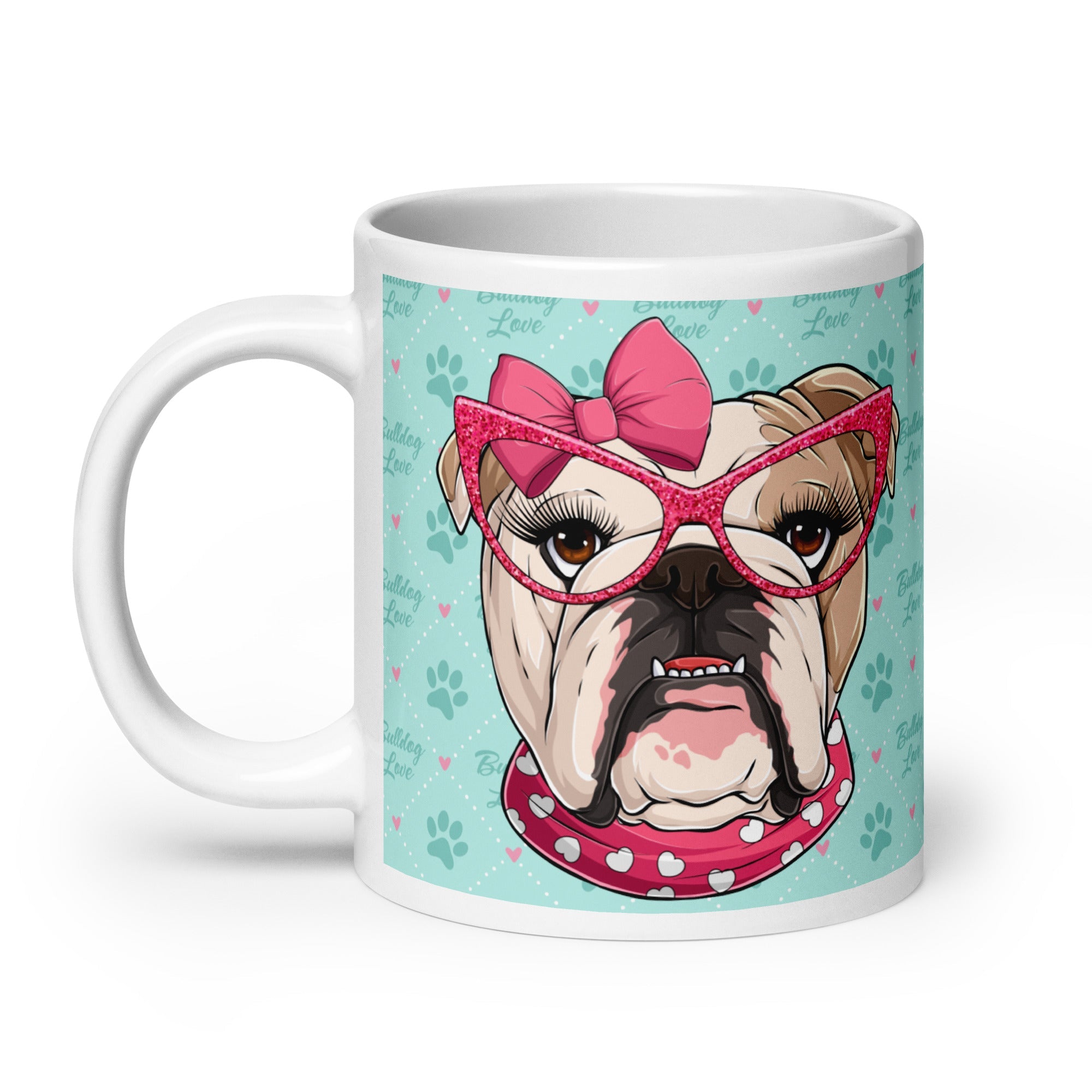 "Too Glam to Give a Woof" Bulldog Love Mug (20oz) | Fawn & White Colored