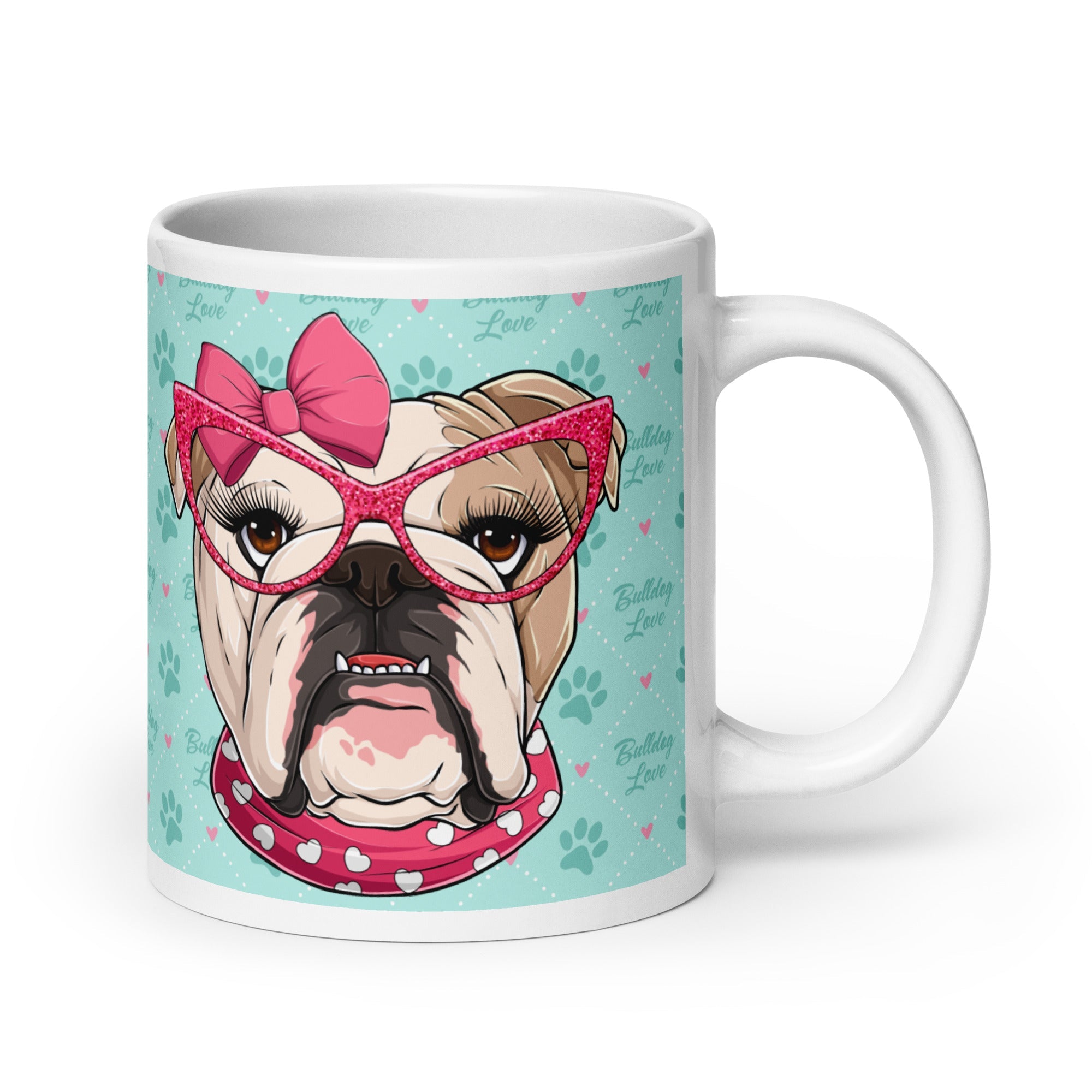 "Too Glam to Give a Woof" Bulldog Love Mug (20oz) | Fawn & White Colored