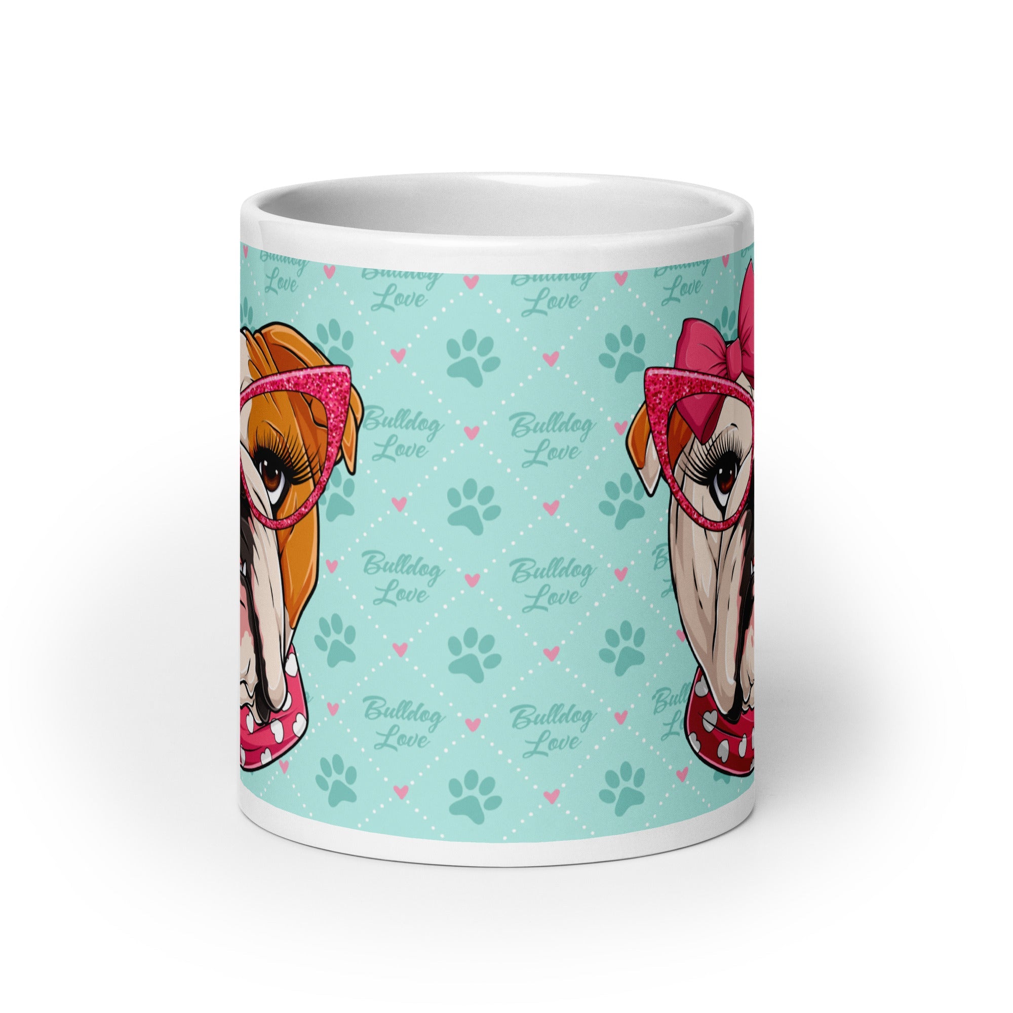 "Too Glam to Give a Woof" Bulldog Love Mug (20oz) | Red & White Colored