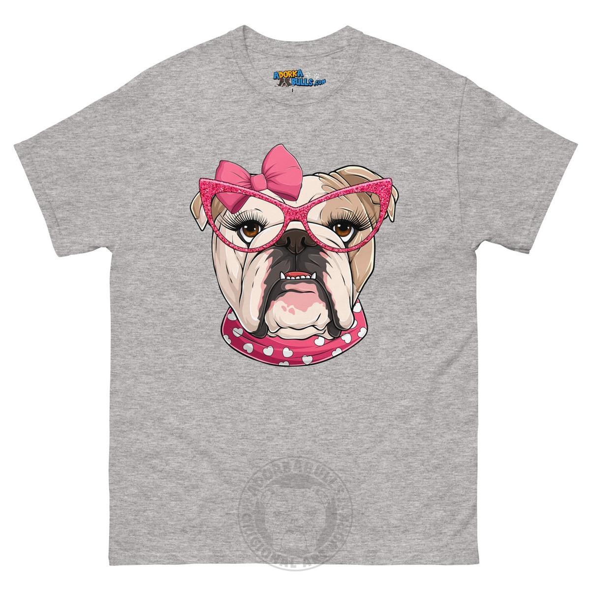 "Too Glam to Give a Woof" Female Bulldog Men’s T-Shirt | Fawn & White Colored