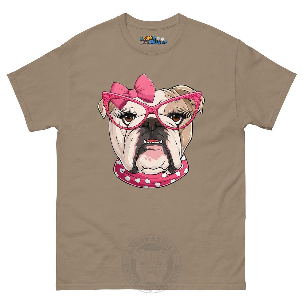 "Too Glam to Give a Woof" Female Bulldog Men’s T-Shirt | Fawn & White Colored