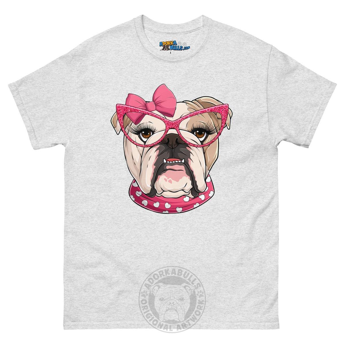 "Too Glam to Give a Woof" Female Bulldog Men’s T-Shirt | Fawn & White Colored